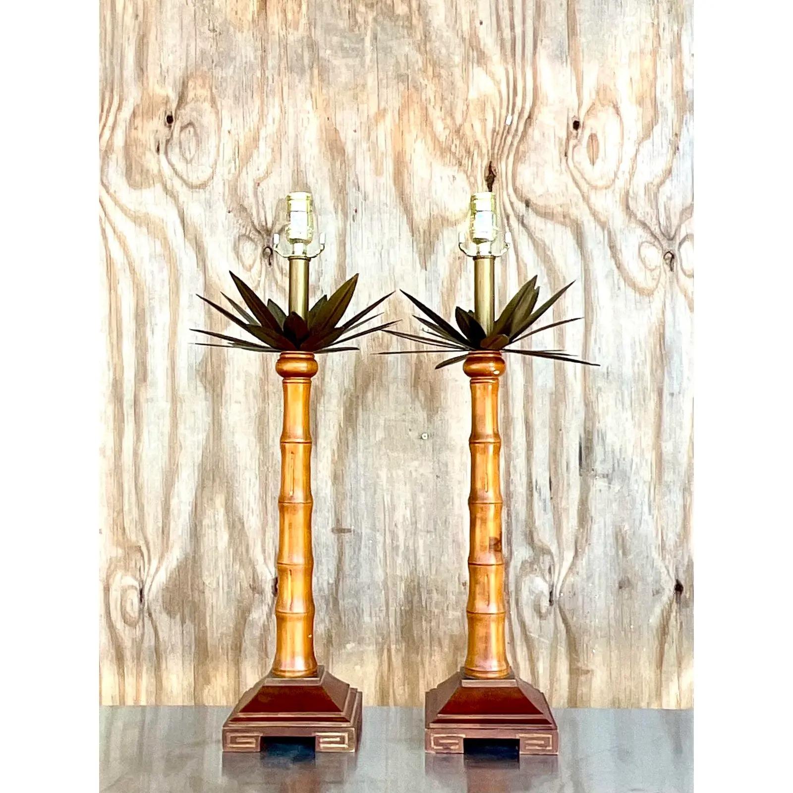 North American Vintage Coastal Brass and Wood Palm Tree Table Lamps - a Pair