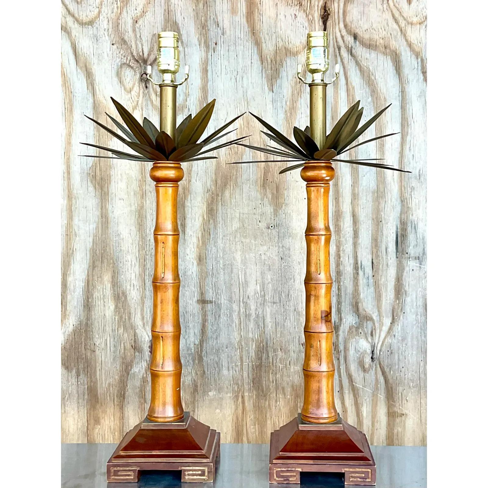 Vintage Coastal Brass and Wood Palm Tree Table Lamps - a Pair In Good Condition In west palm beach, FL