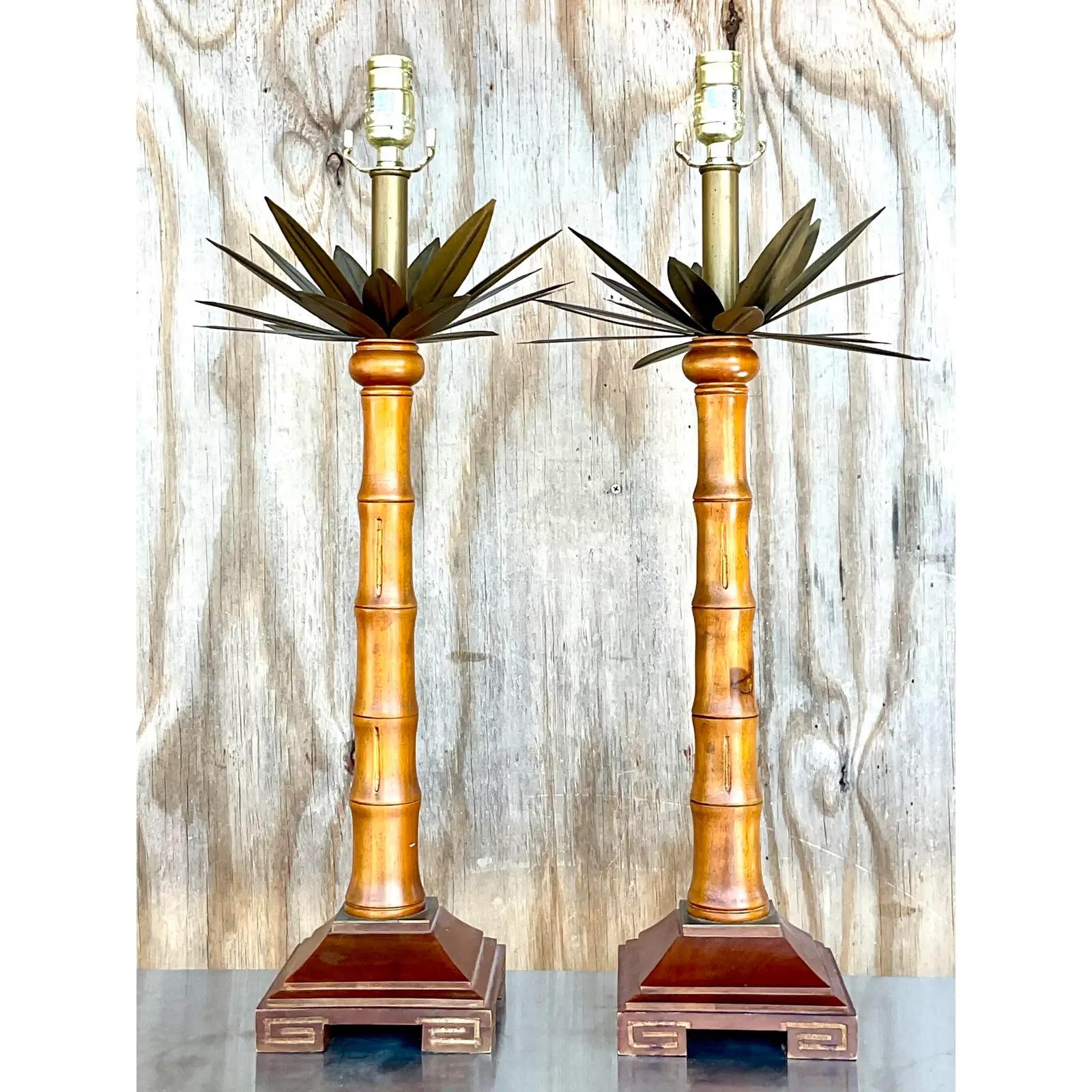 20th Century Vintage Coastal Brass and Wood Palm Tree Table Lamps - a Pair