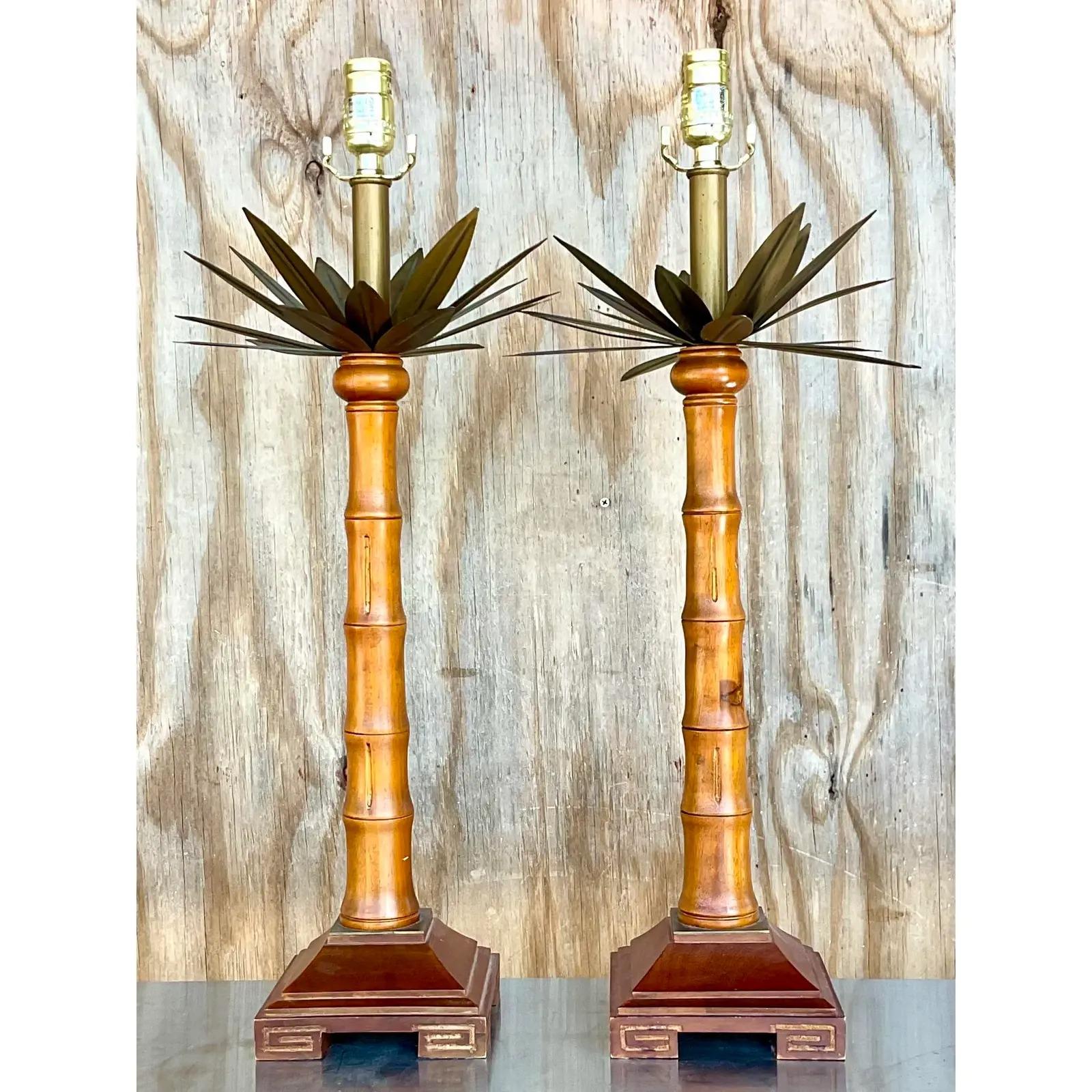 Vintage Coastal Brass and Wood Palm Tree Table Lamps - a Pair 1