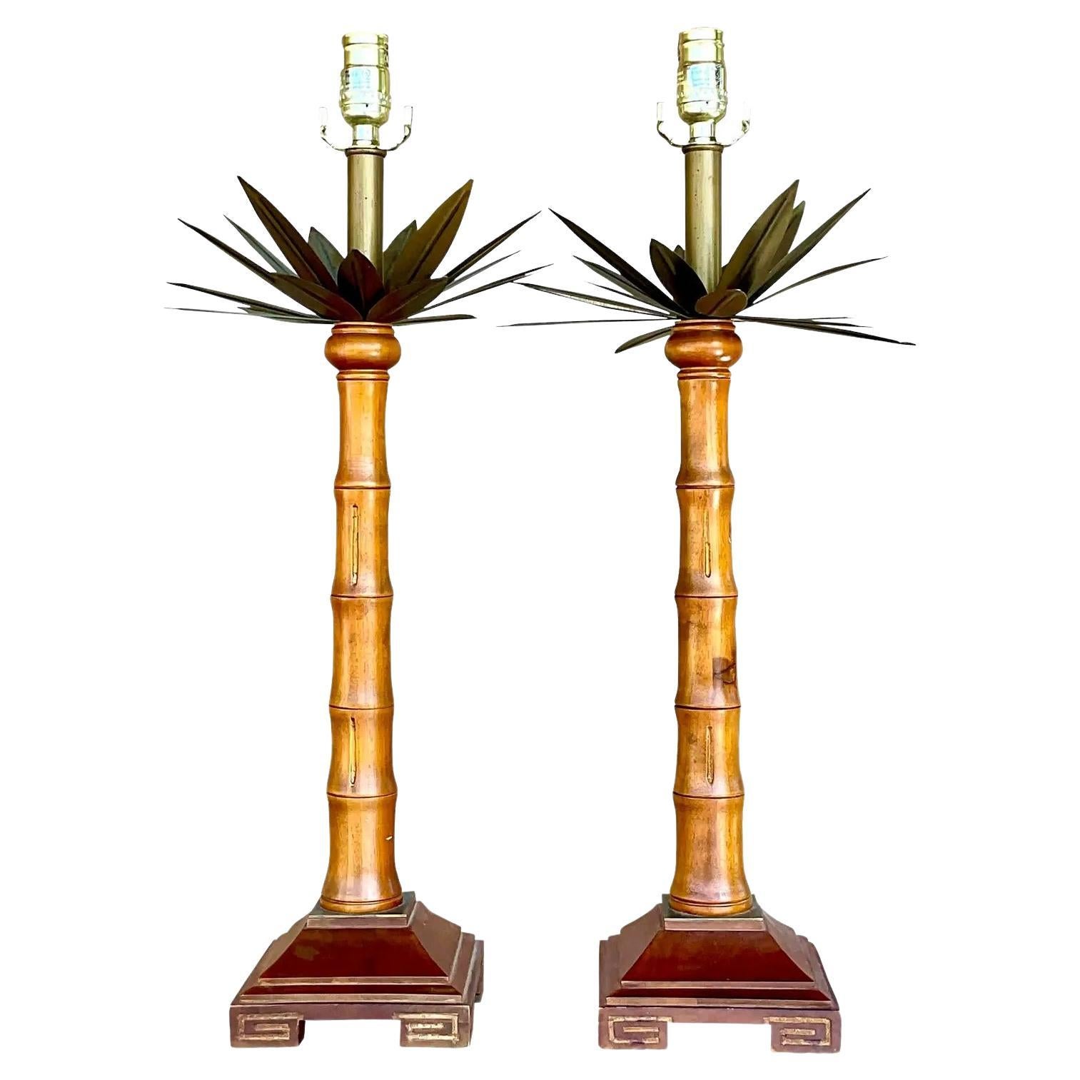 Vintage Coastal Brass and Wood Palm Tree Table Lamps - a Pair