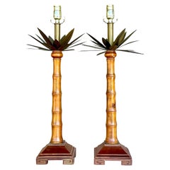 Vintage Coastal Brass and Wood Palm Tree Table Lamps - a Pair
