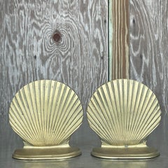 Vintage Coastal Brass Clamshell Bookends - Set of 2