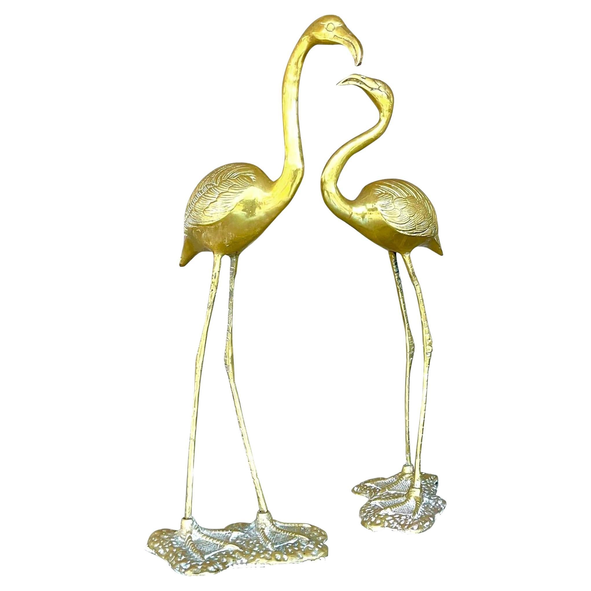 Paire de flamants roses en laiton massif - Vintage Coastal 1960s