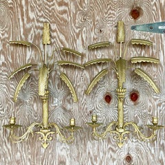 Vintage Coastal Brass Palm Tree Wall Candelabras, Pair