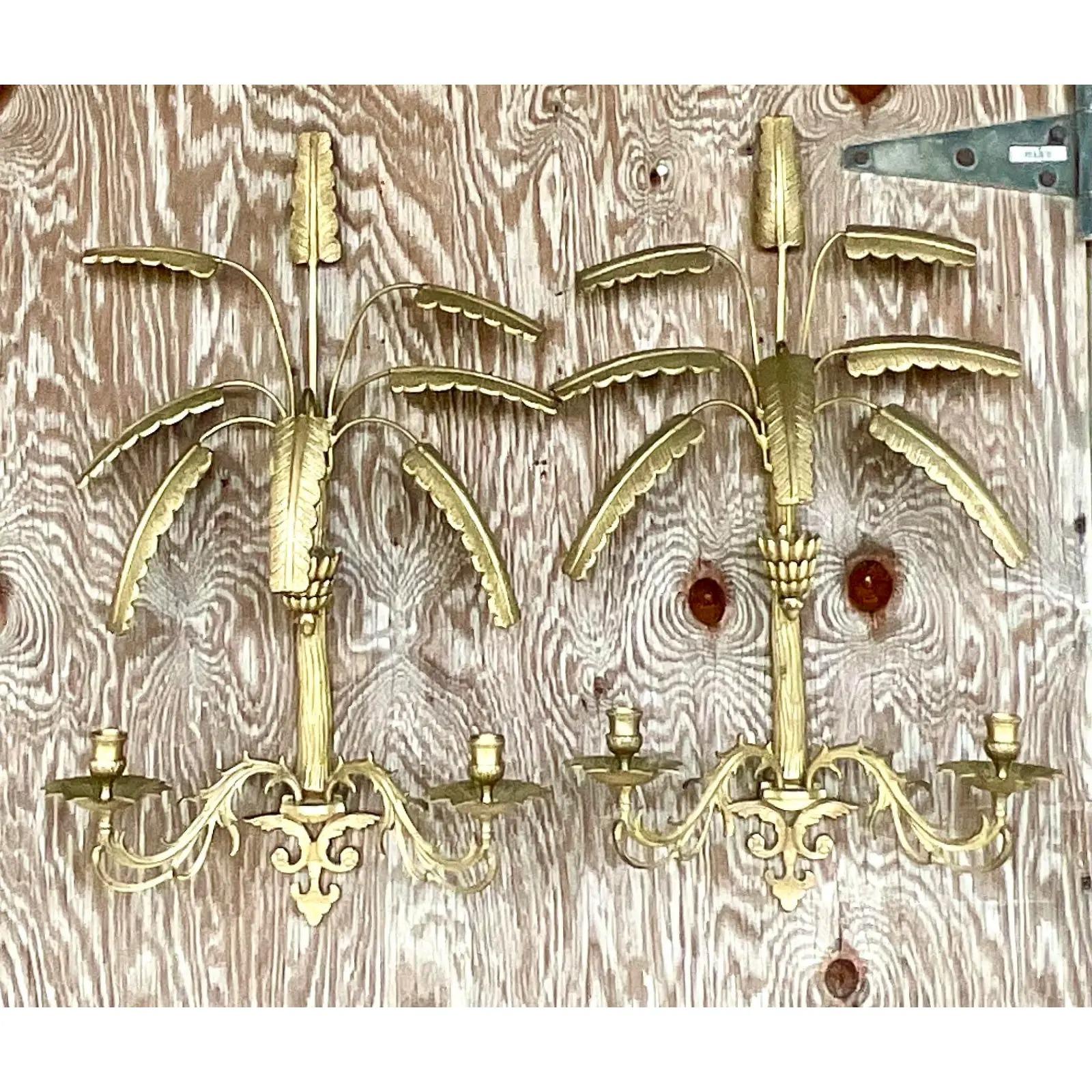 Vintage Coastal Brass Palm Tree Wall Candelabras, Pair In Good Condition In west palm beach, FL