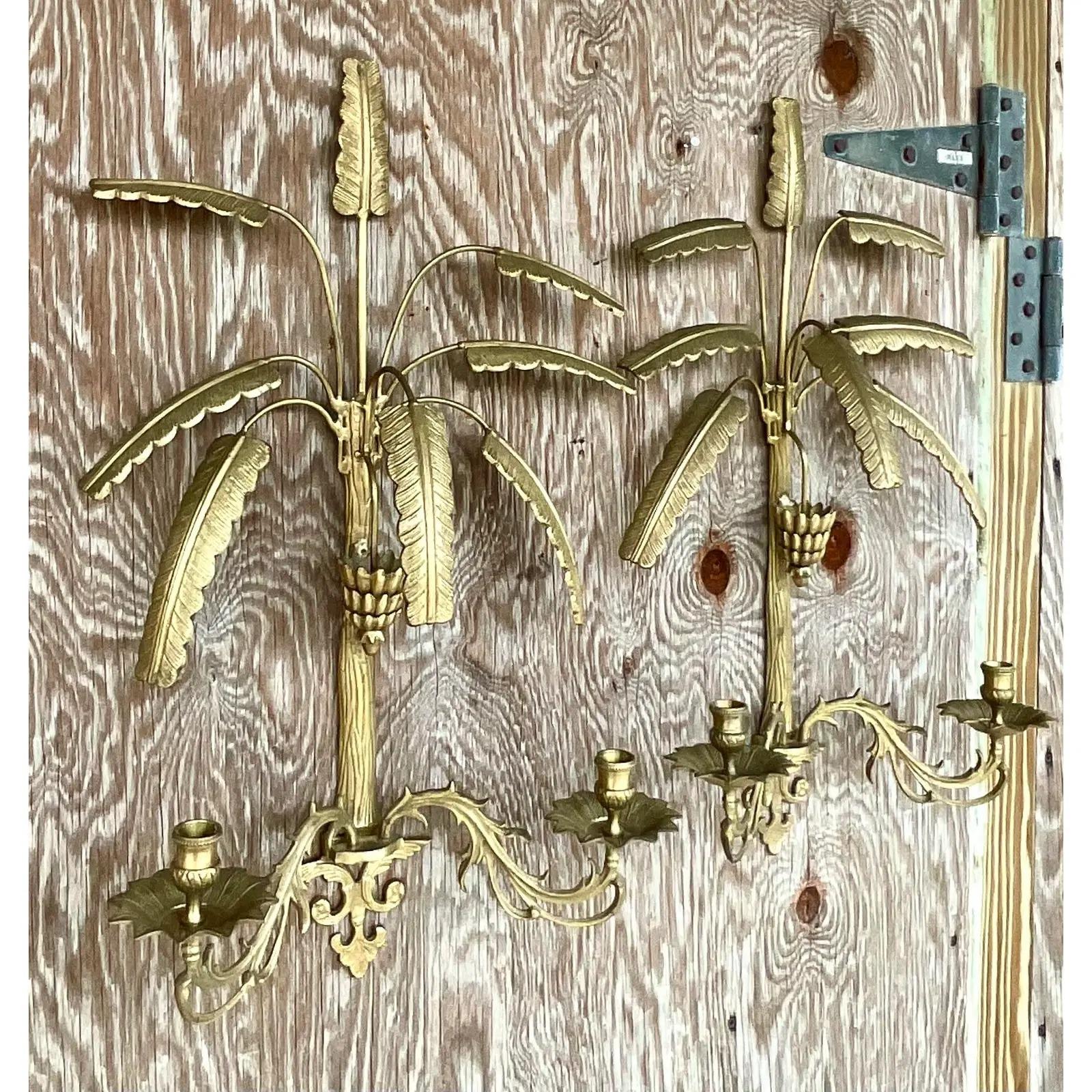 Vintage Coastal Brass Palm Tree Wall Candelabras, Pair 1
