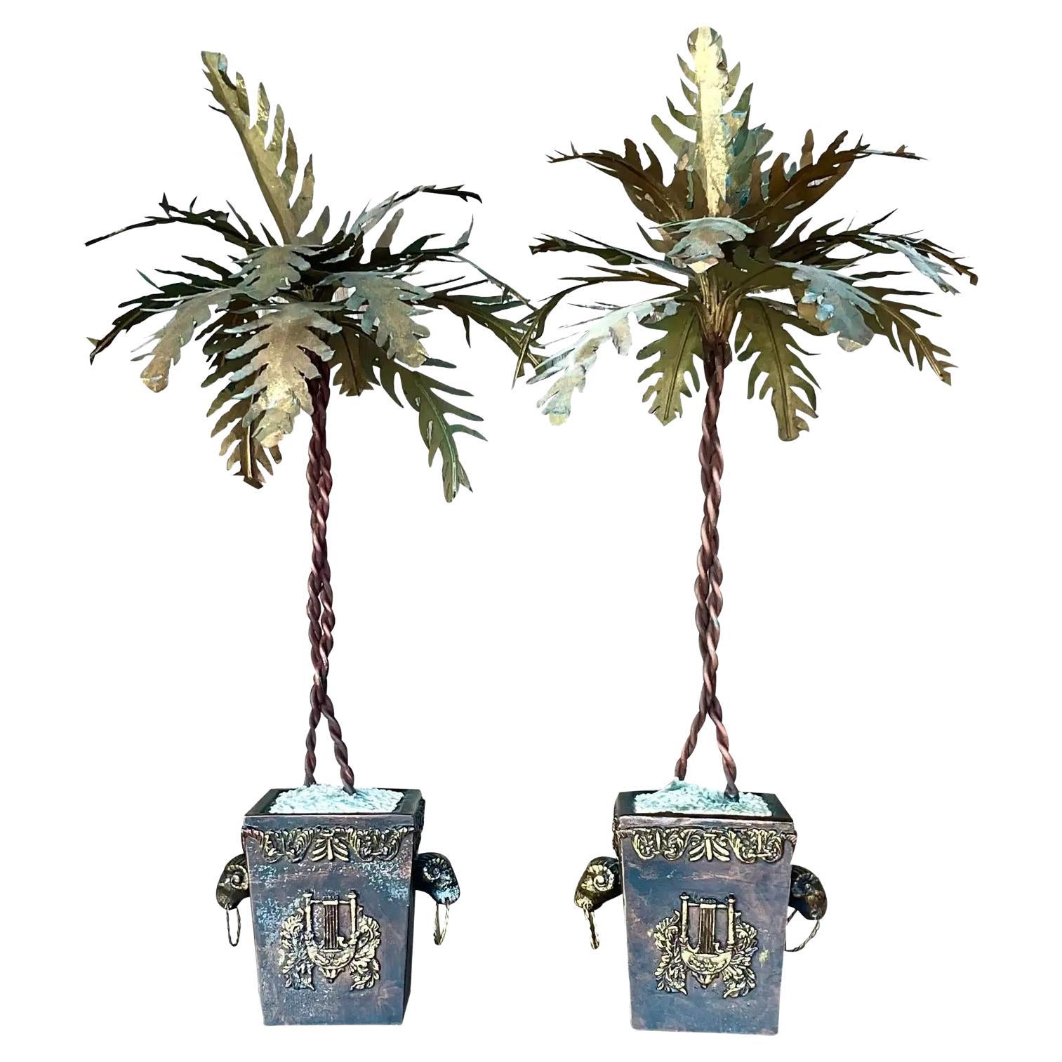 Vintage Coastal Plaster Palm Tree Trunk Floor Lamps, a Pair For Sale at