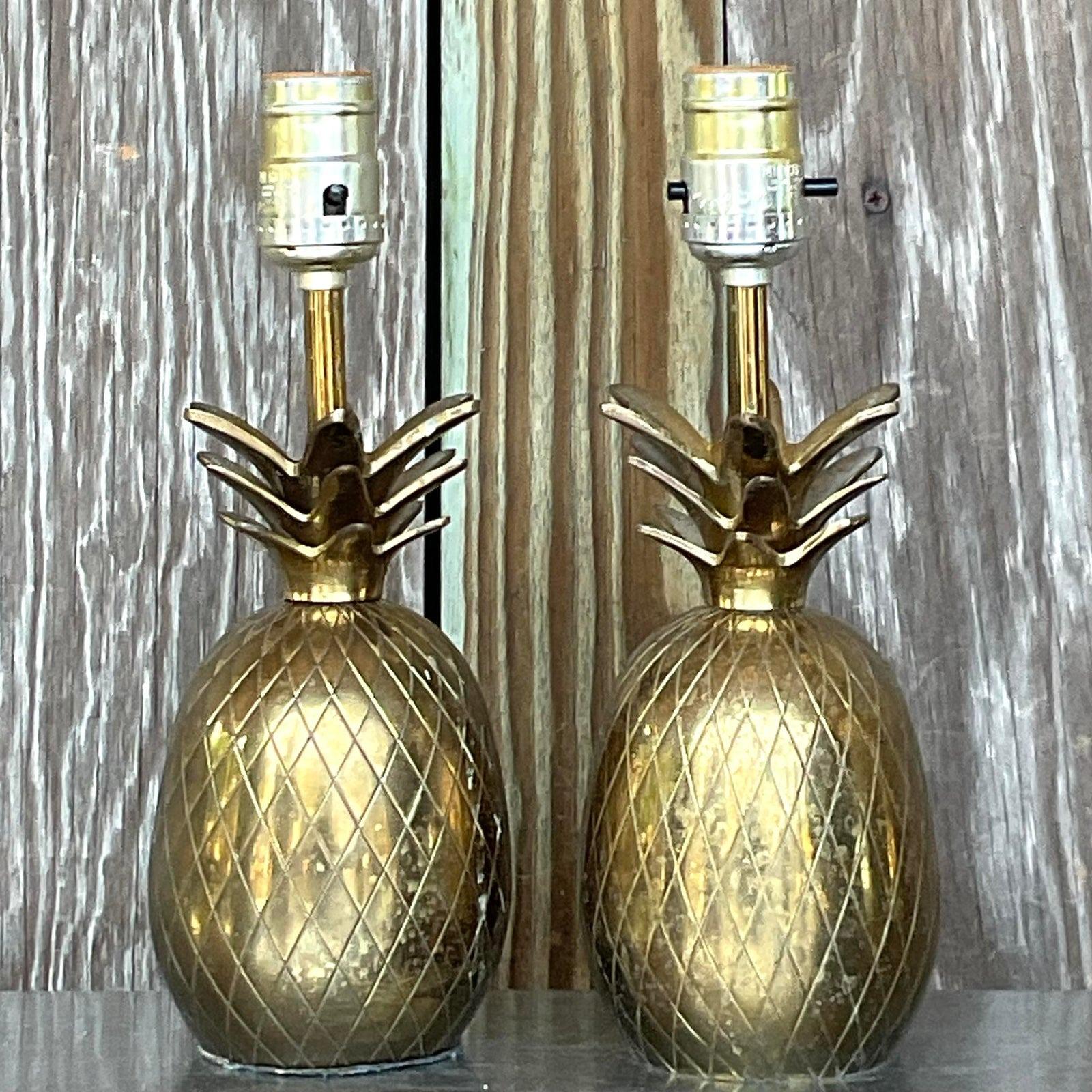 Metal Vintage Coastal Brass Pineapple Lamps - a Pair For Sale