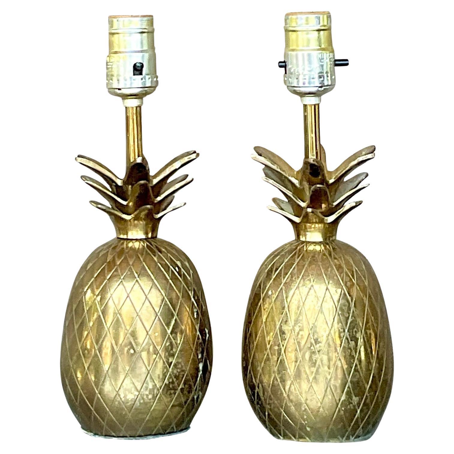Vintage Coastal Brass Pineapple Lamps - a Pair