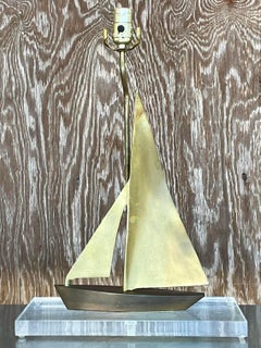 Vintage Coastal Brass Sailboat on Lucite Table Lamp