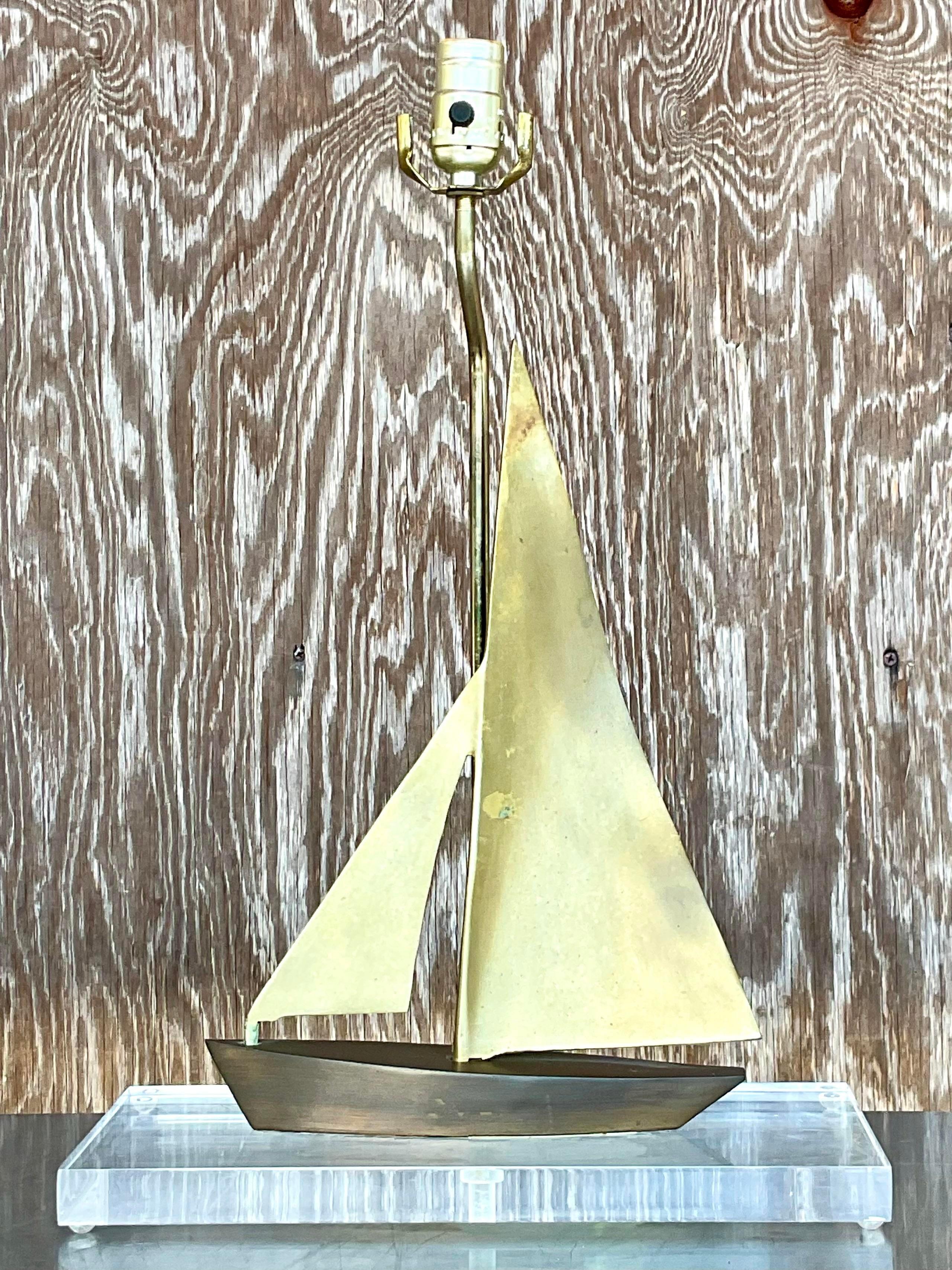 Vintage Coastal Brass Sailboat on Lucite Table Lamp In Good Condition In west palm beach, FL