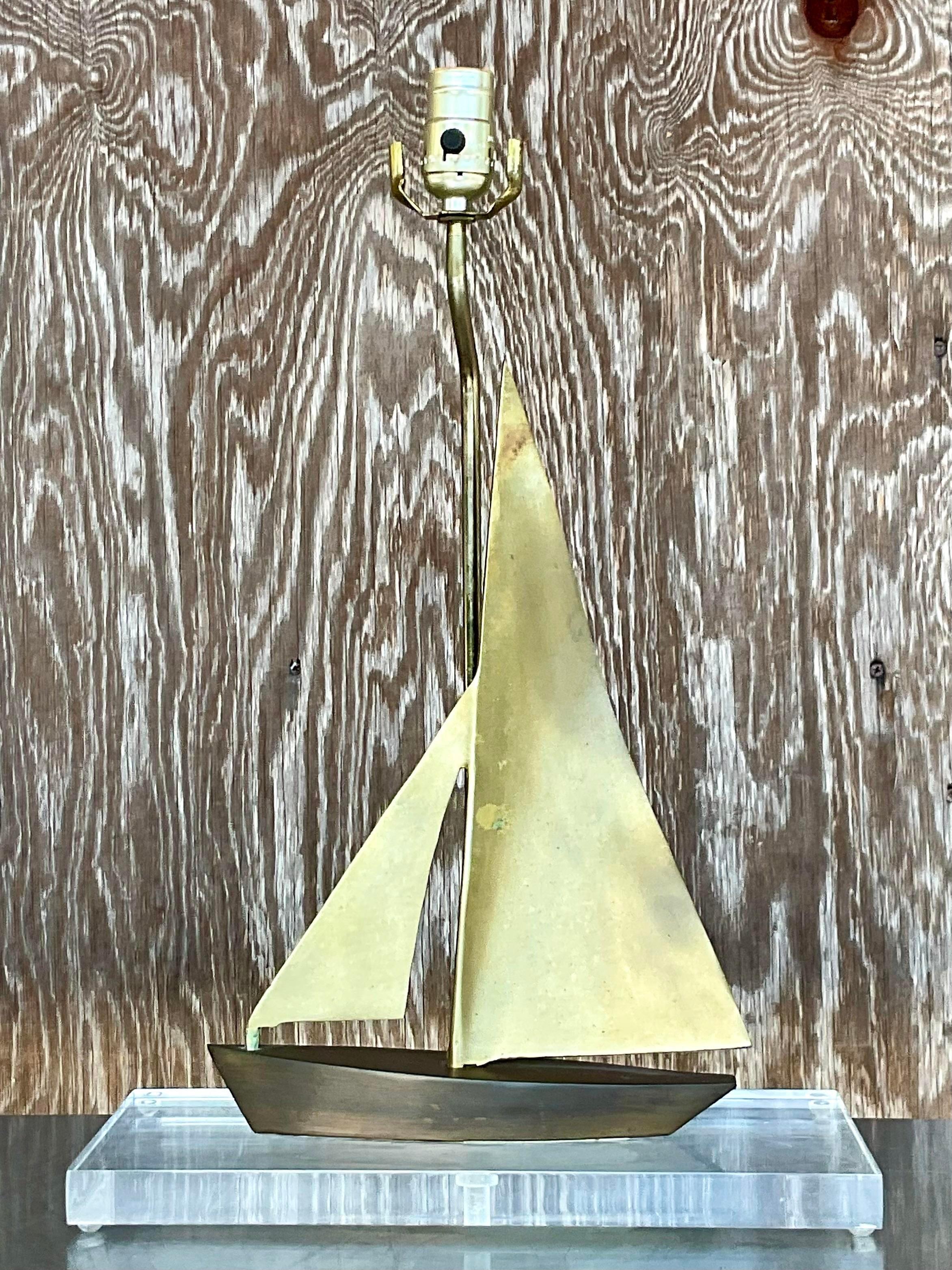 20th Century Vintage Coastal Brass Sailboat on Lucite Table Lamp