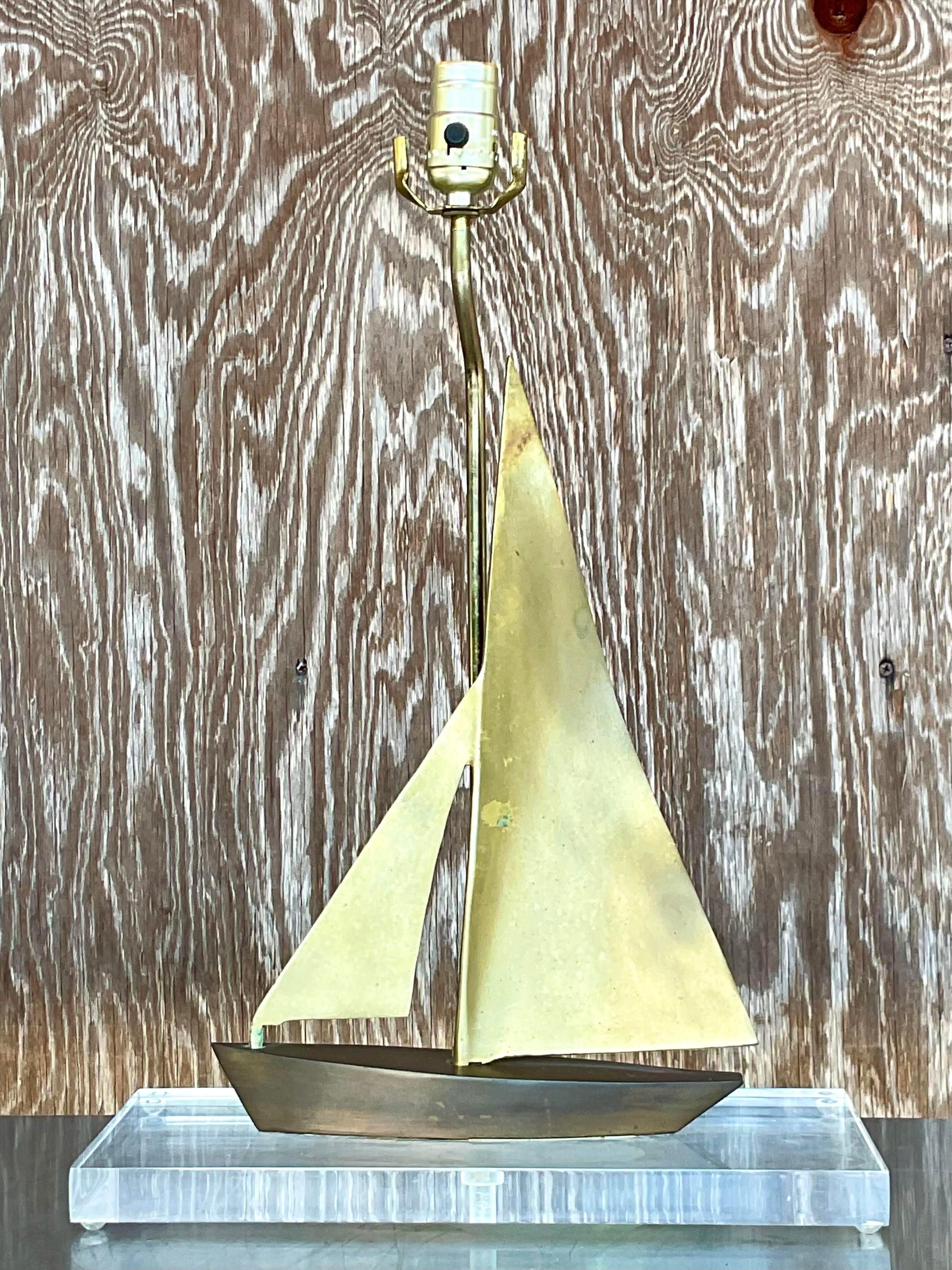 Vintage Coastal Brass Sailboat on Lucite Table Lamp 1