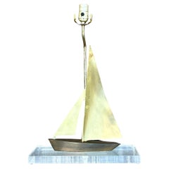 Vintage Coastal Brass Sailboat on Lucite Table Lamp
