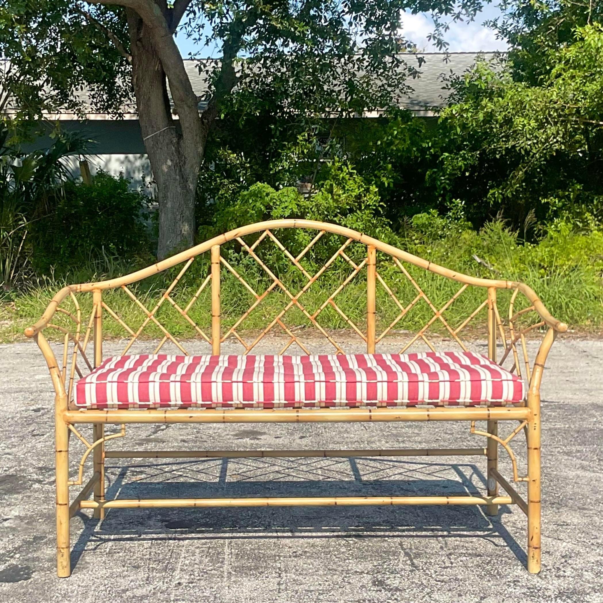 Metal Vintage Coastal Briger Design Chinese Chippendale Bench