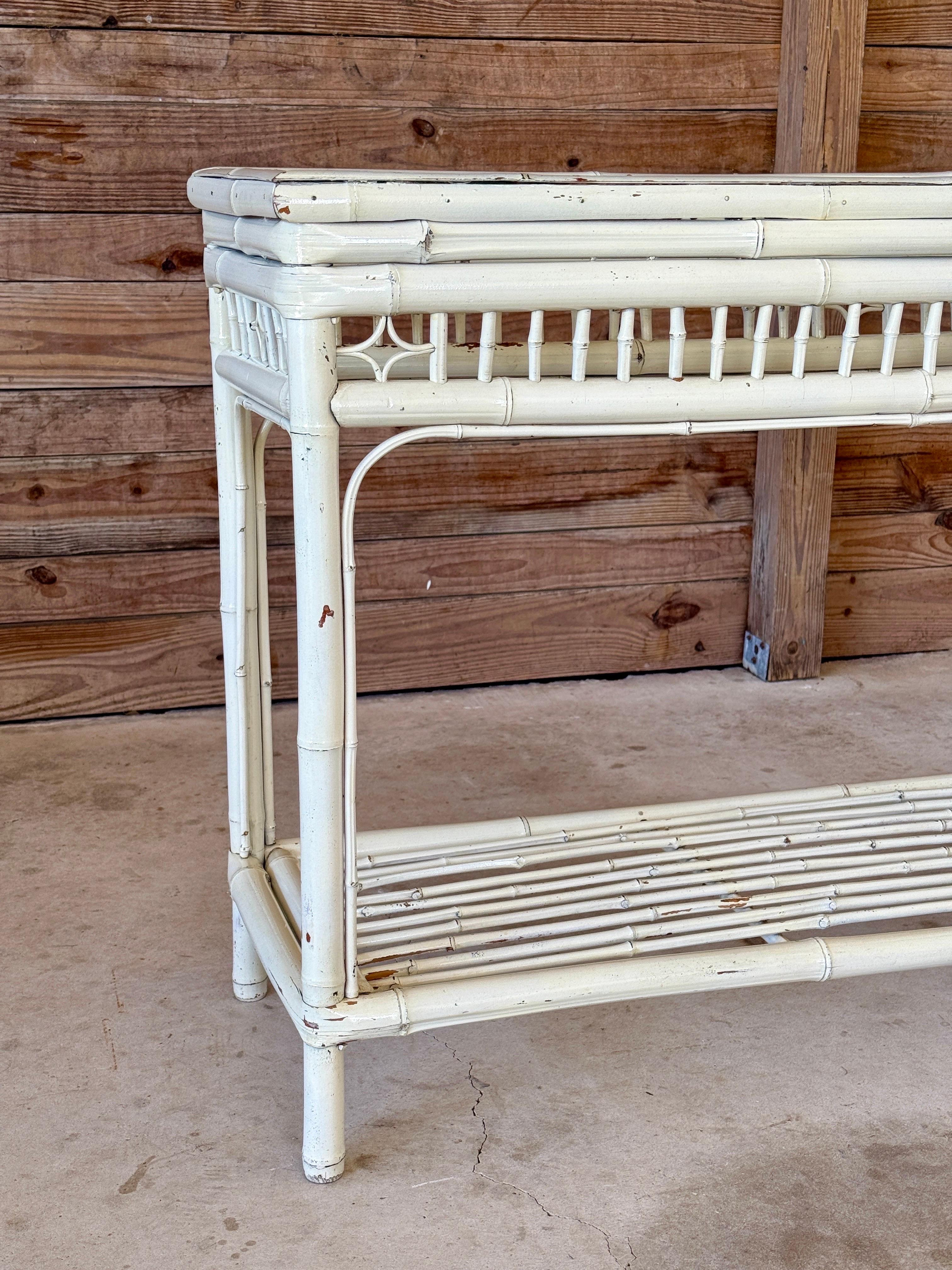 Vintage Coastal Brighton Pavilion Style Painted Bamboo Console Table For Sale 11