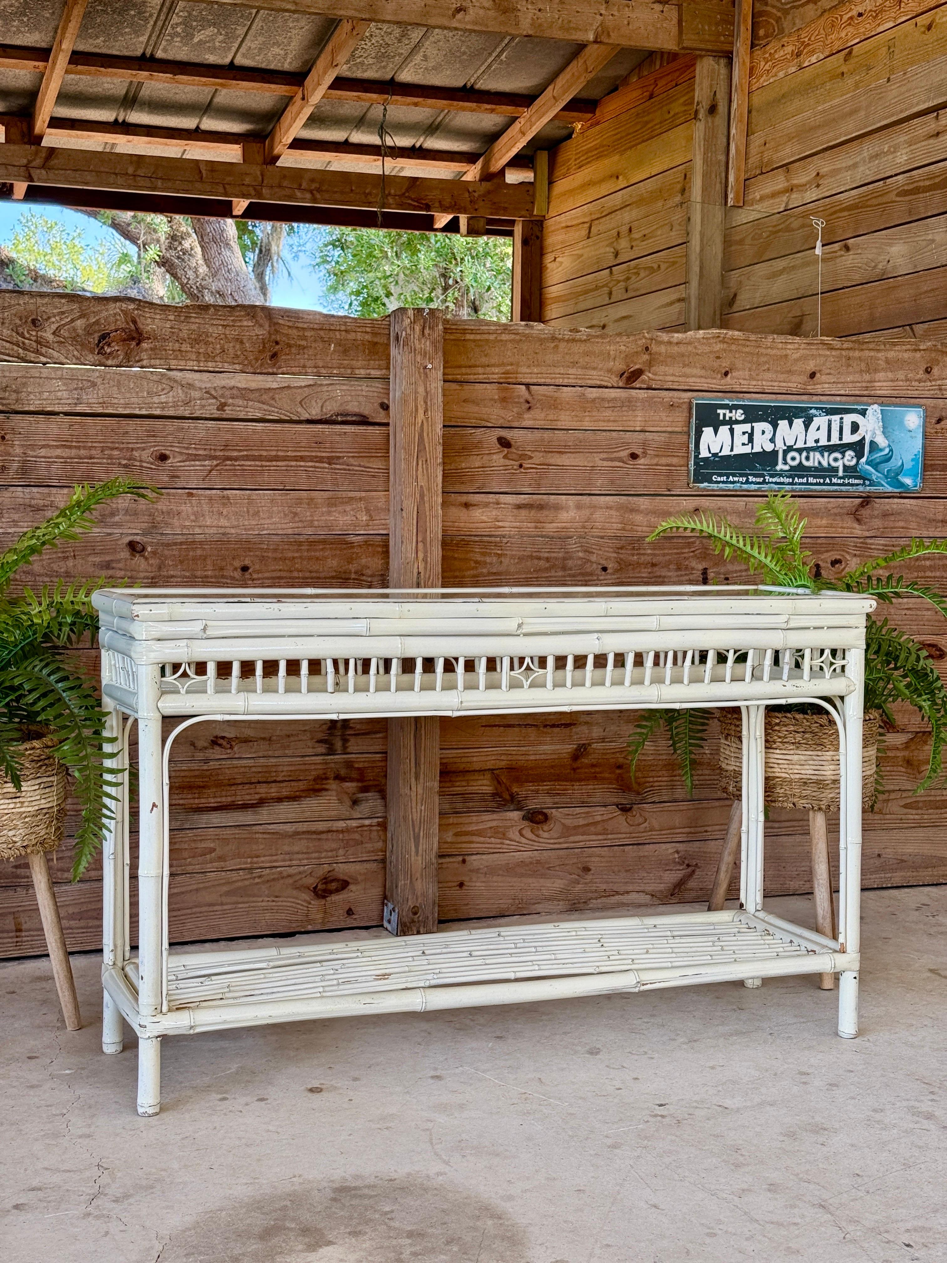 Vintage Coastal Brighton Pavilion Style Painted Bamboo Console Table For Sale 12