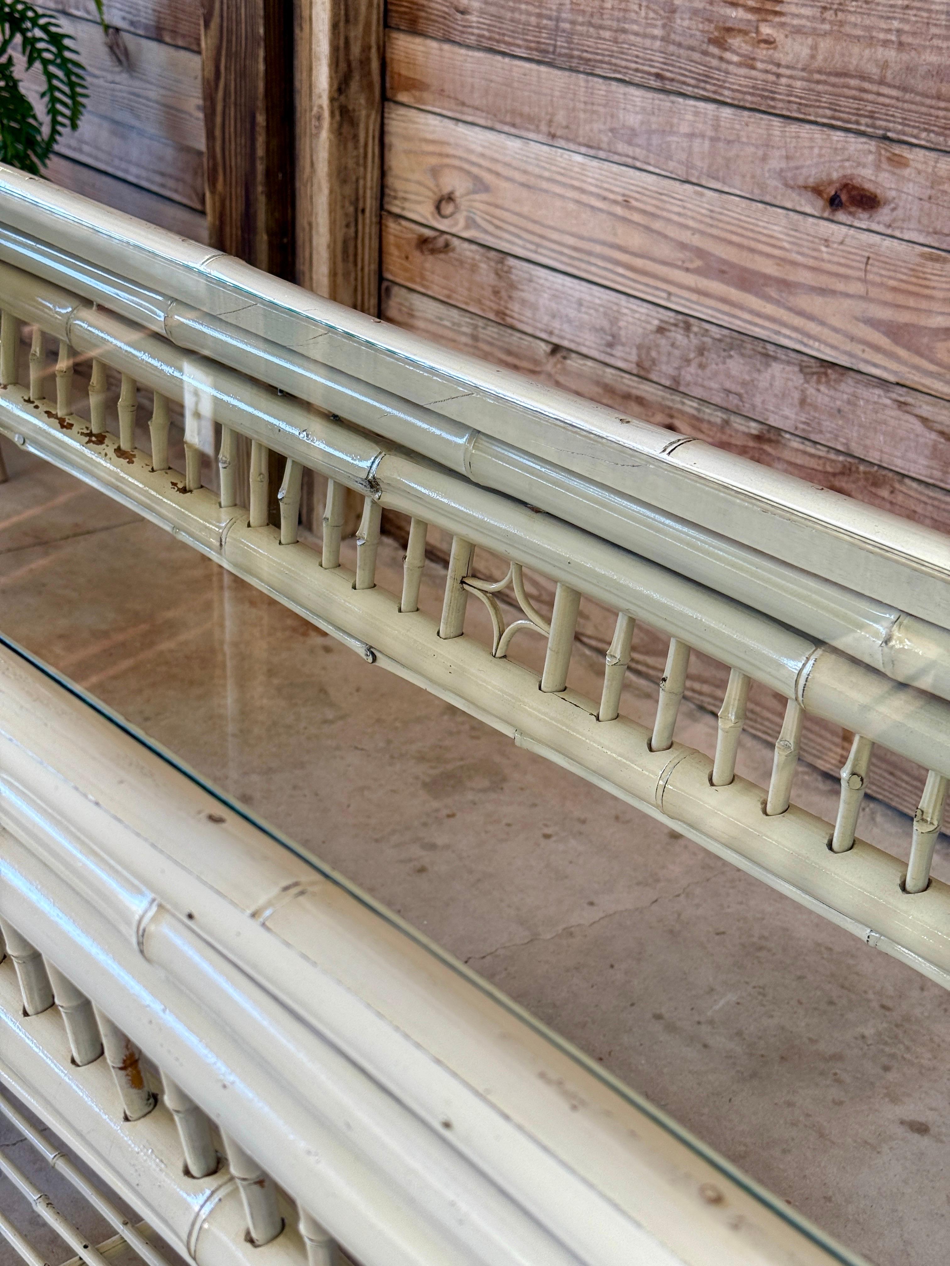 Hand-Crafted Vintage Coastal Brighton Pavilion Style Painted Bamboo Console Table For Sale