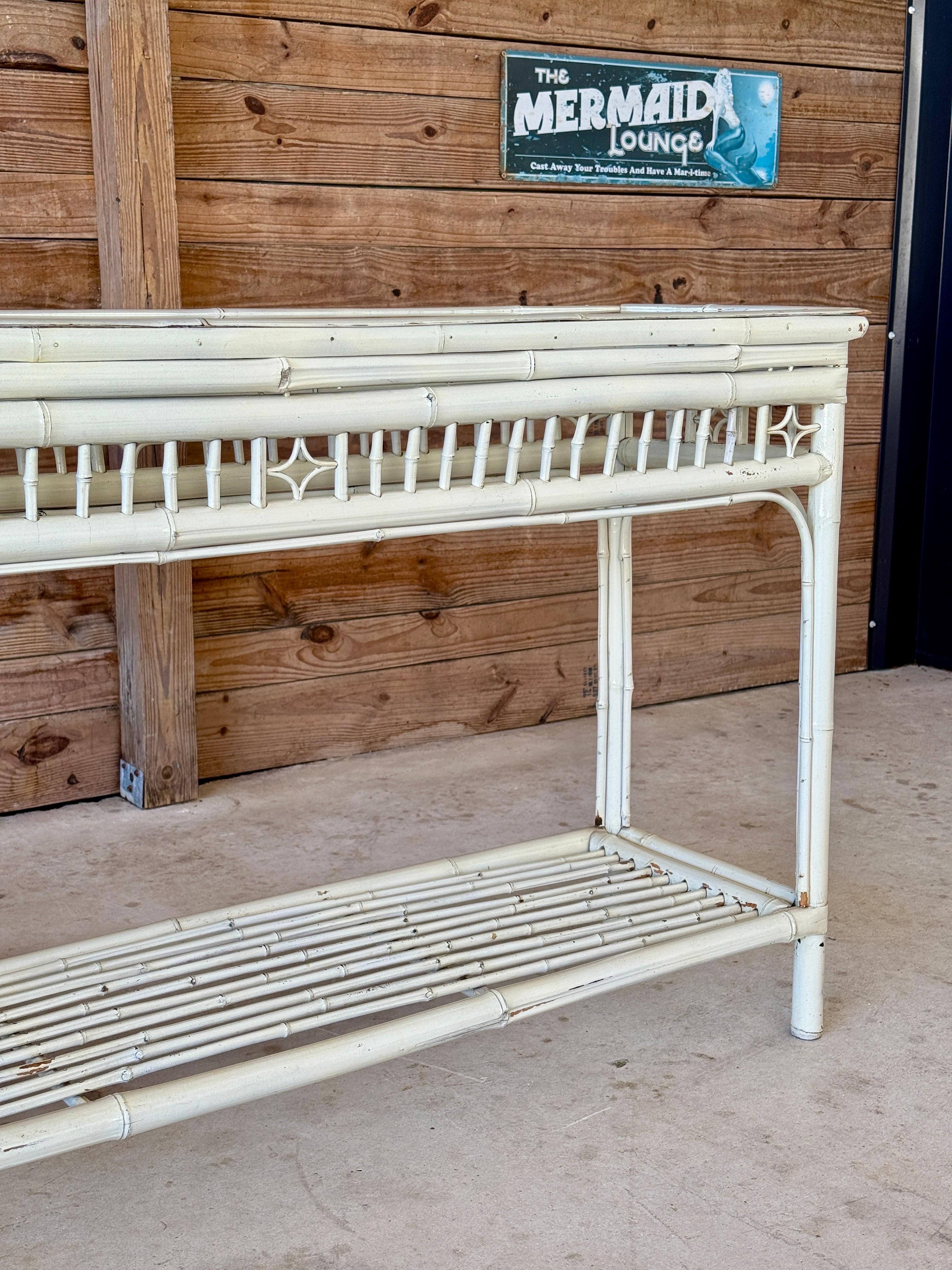 Glass Vintage Coastal Brighton Pavilion Style Painted Bamboo Console Table For Sale