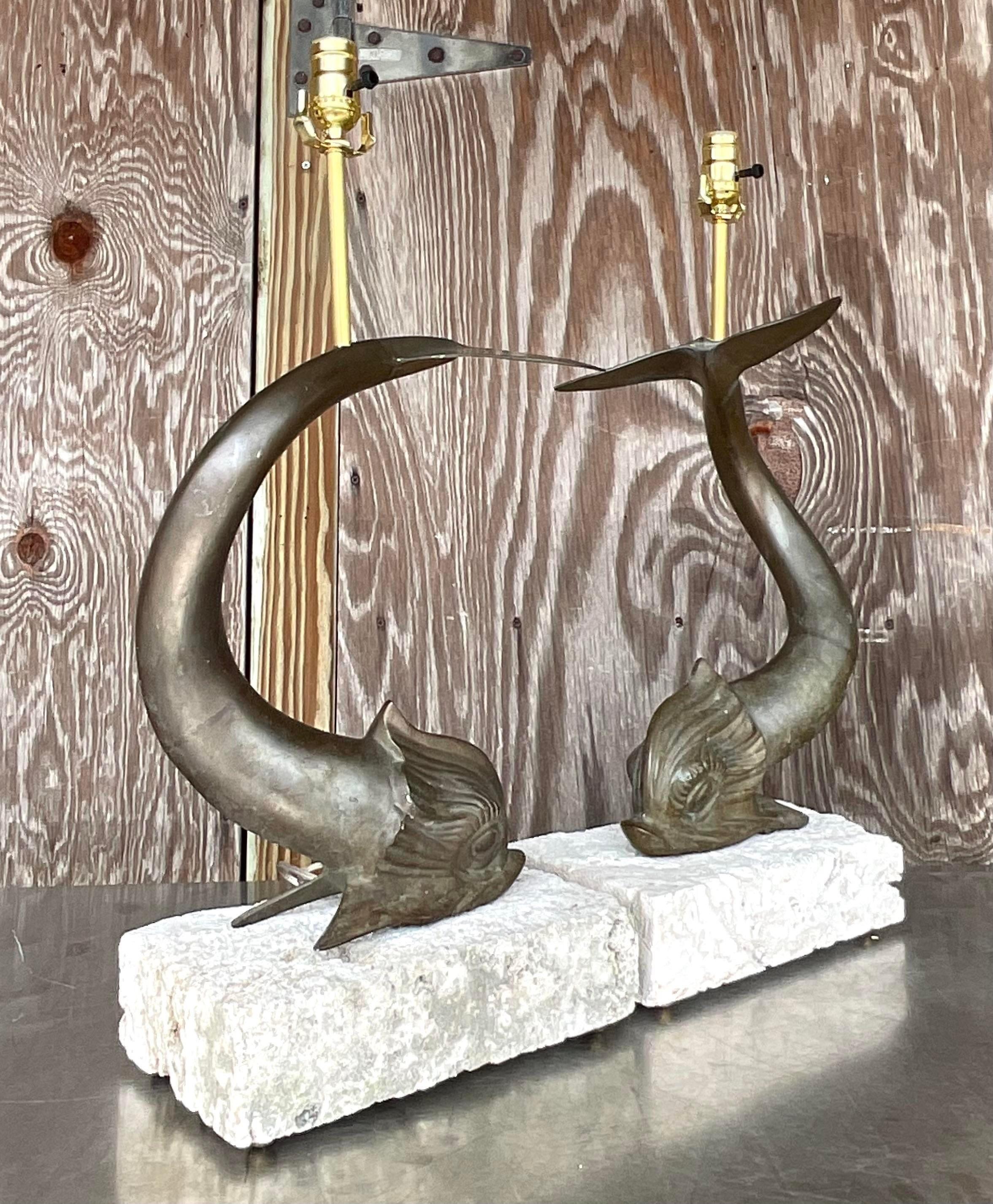 Vintage Coastal Bronze Koi Fish on Coquina Block Lamps - a Pair For Sale 5