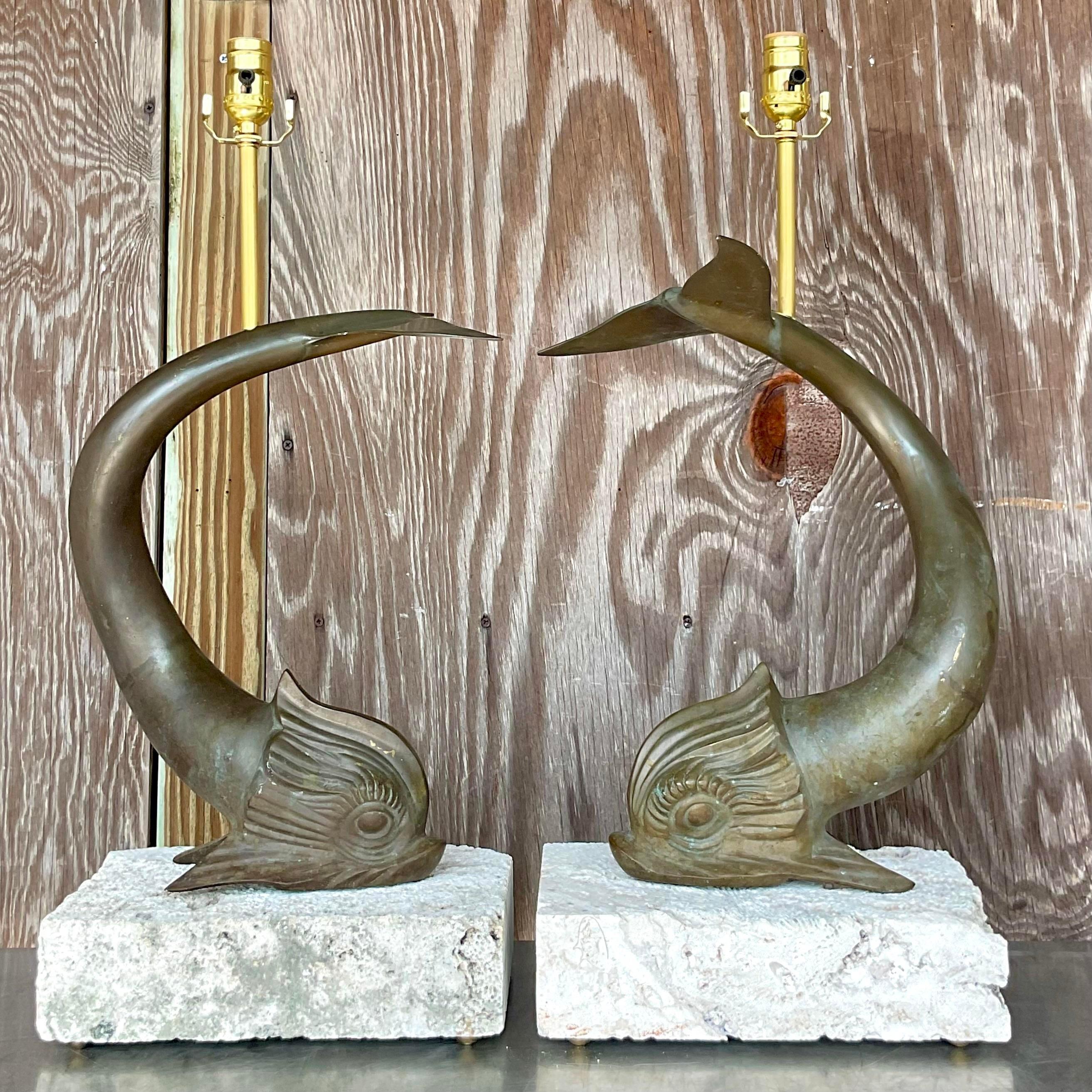 American Vintage Coastal Bronze Koi Fish on Coquina Block Lamps - a Pair For Sale