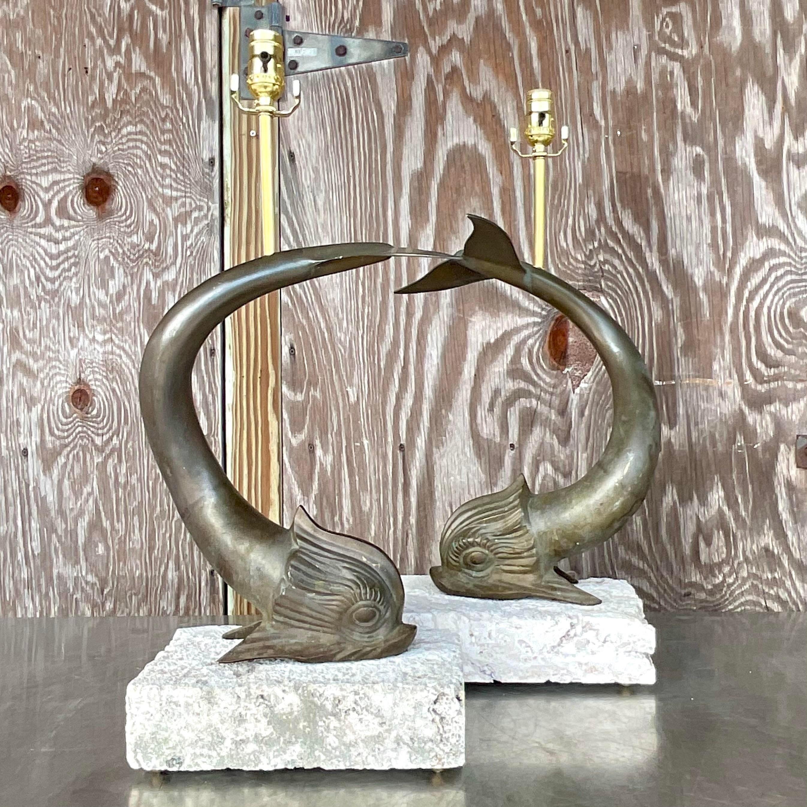 Vintage Coastal Bronze Koi Fish on Coquina Block Lamps - a Pair In Good Condition For Sale In west palm beach, FL