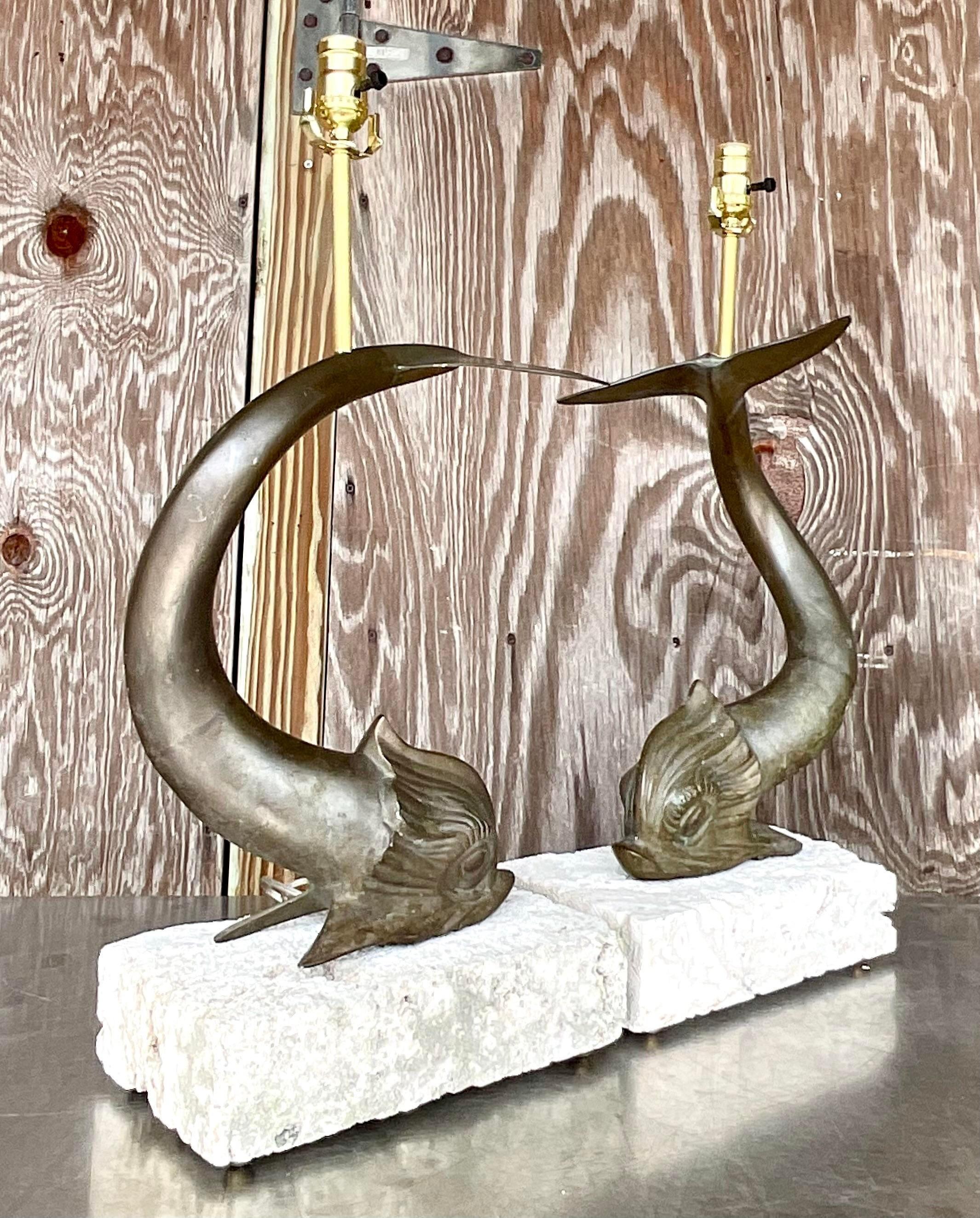20th Century Vintage Coastal Bronze Koi Fish on Coquina Block Lamps - a Pair For Sale