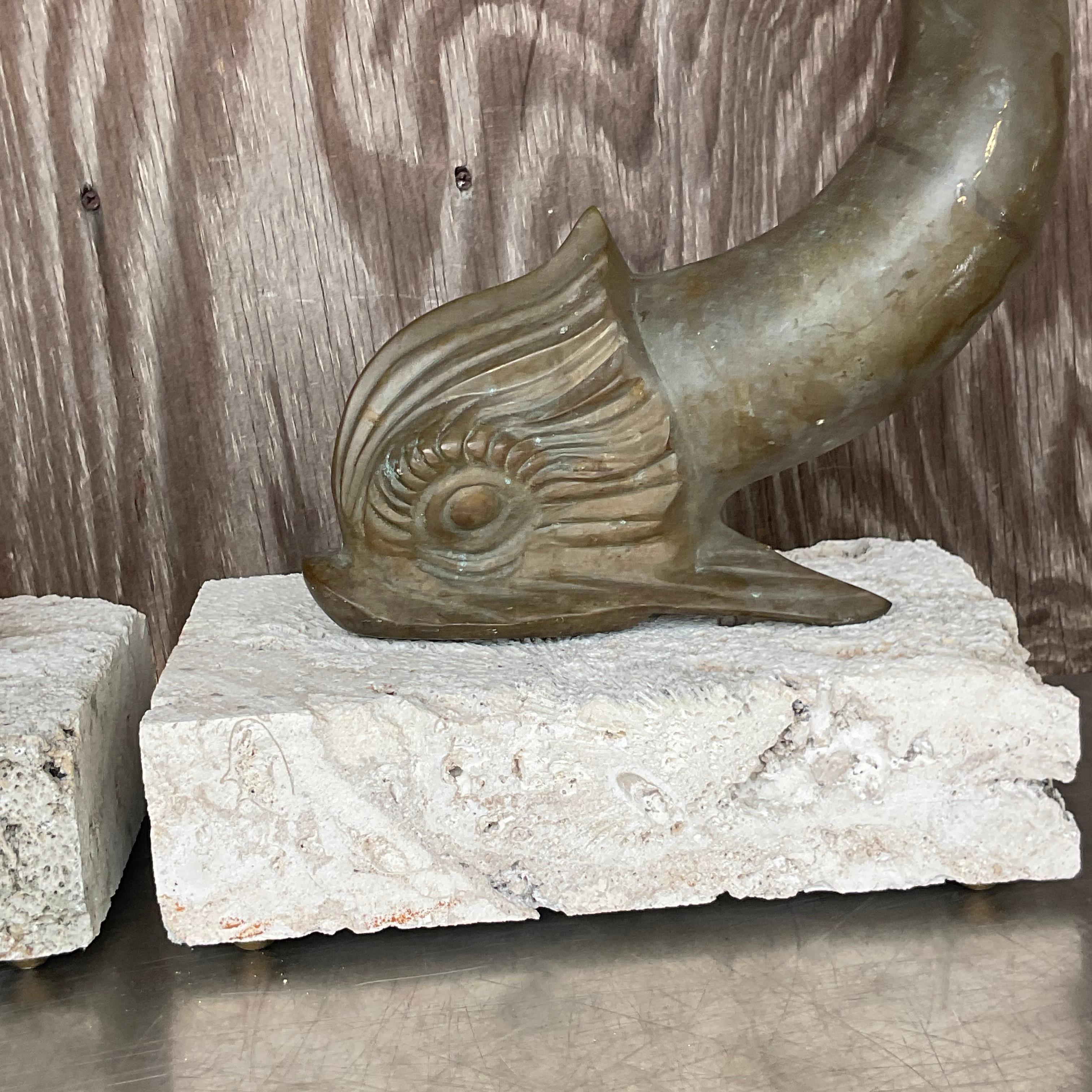 Vintage Coastal Bronze Koi Fish on Coquina Block Lamps - a Pair For Sale 1
