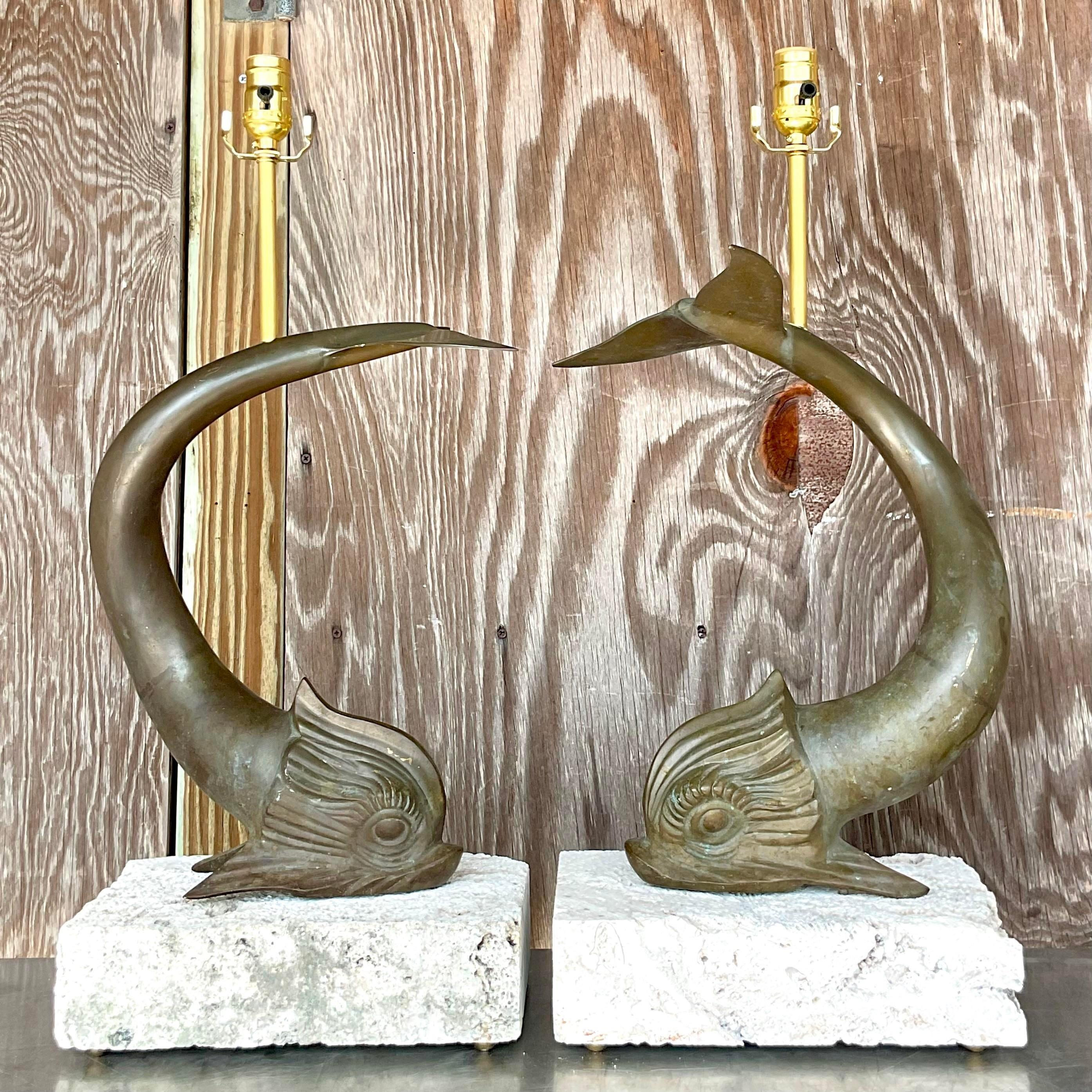 Vintage Coastal Bronze Koi Fish on Coquina Block Lamps - a Pair For Sale 3
