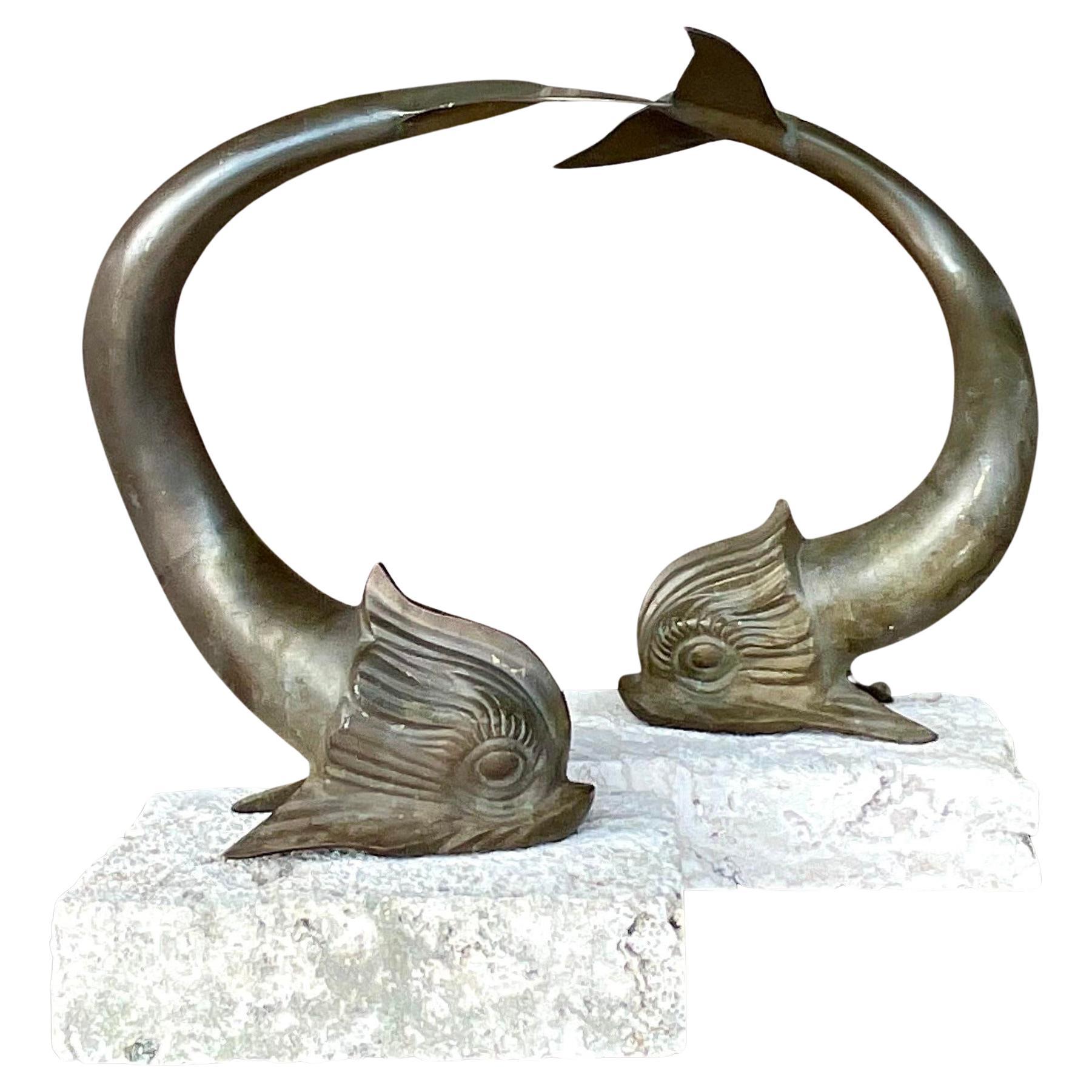 Vintage Coastal Bronze Koi Fish on Coquina Block Lamps - a Pair