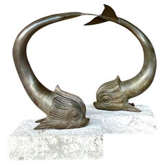 Retro Coastal Bronze Koi Fish on Coquina Block Lamps - a Pair