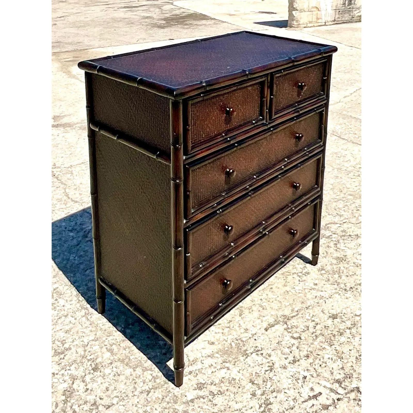 Vintage Coastal Brown Bamboo Chest of Drawers In Good Condition In west palm beach, FL