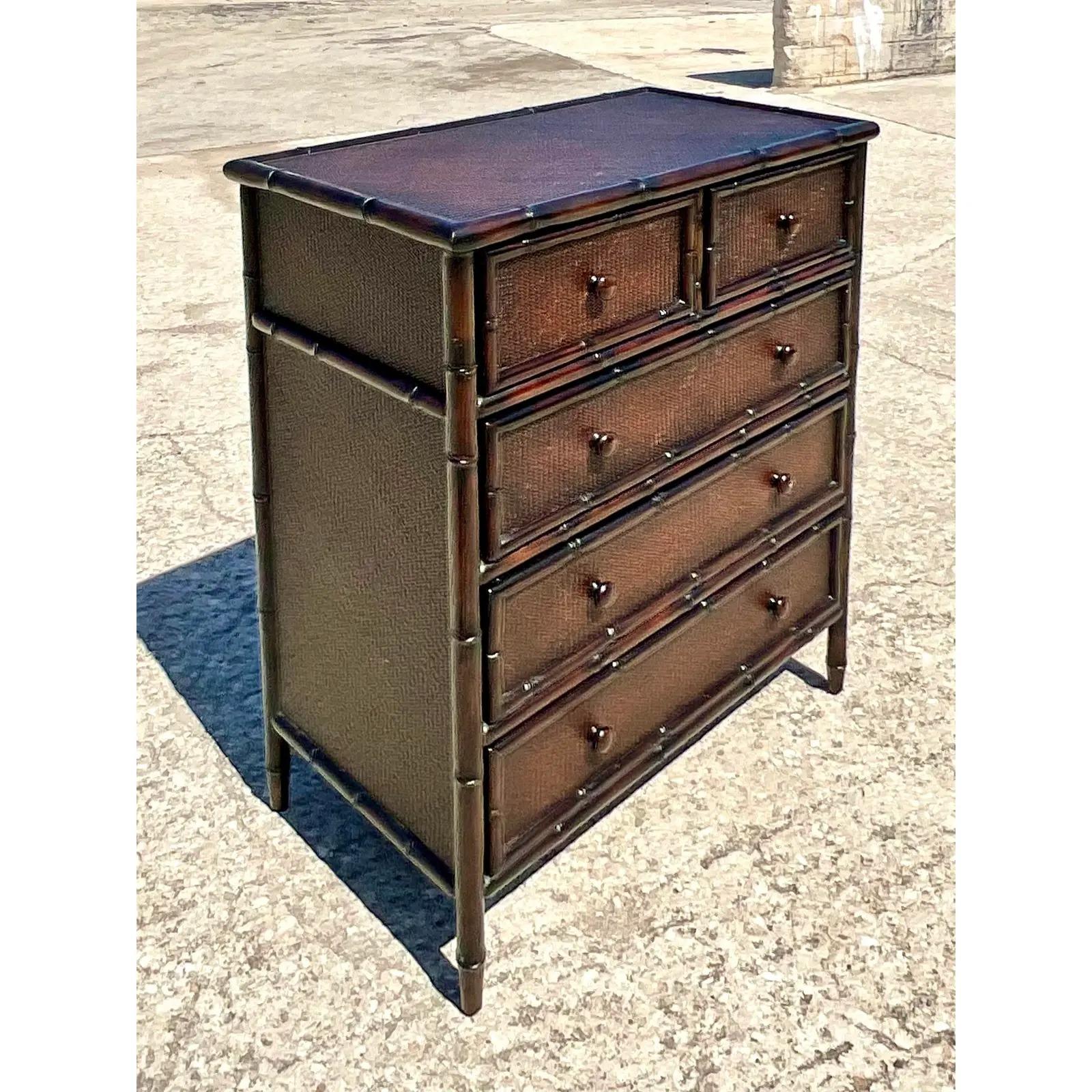 Vintage Coastal Brown Bamboo Chest of Drawers 1