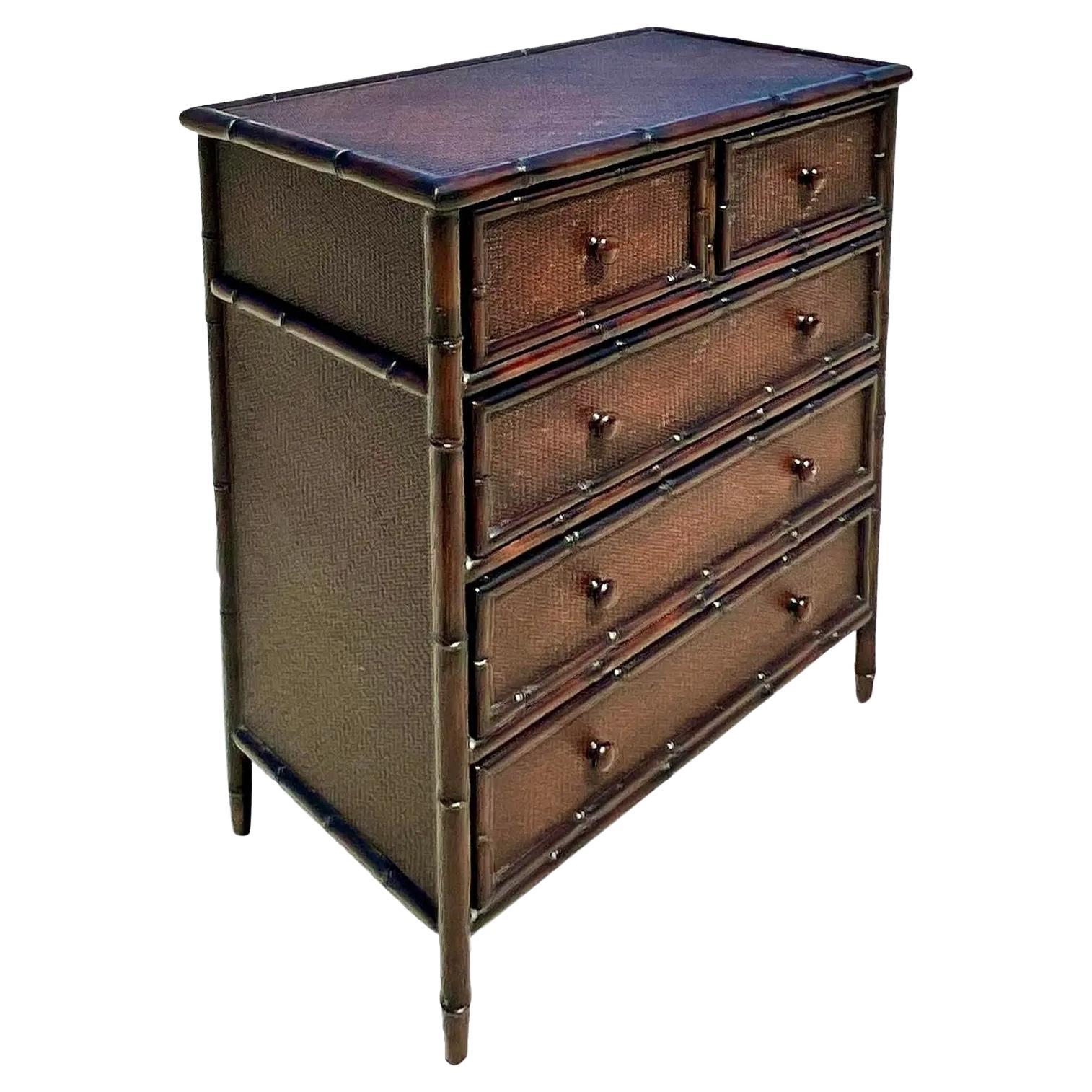 Vintage Coastal Brown Bamboo Chest of Drawers at 1stDibs