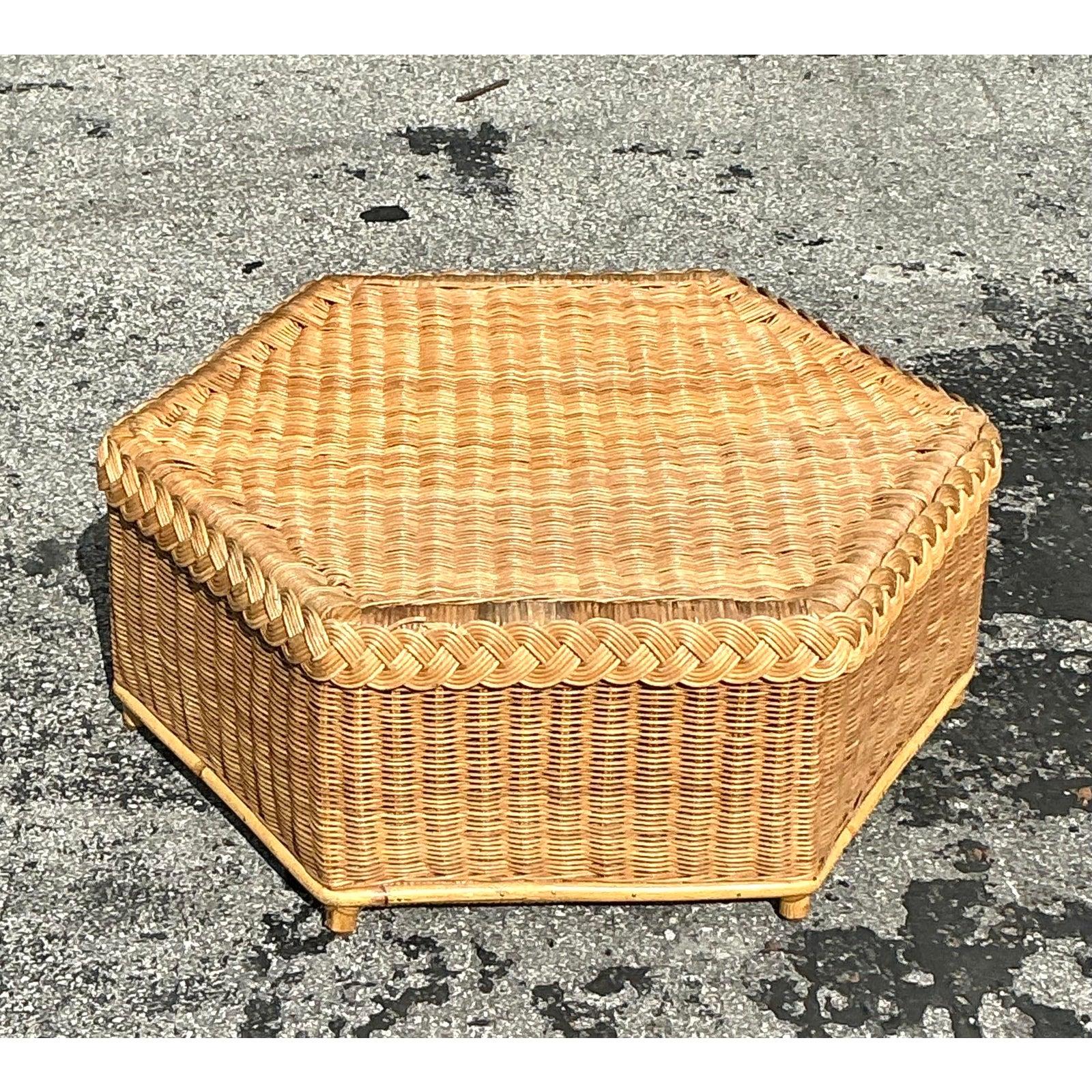 Vintage Coastal Brown Jordan Braided Rattan Coffee Table In Good Condition For Sale In west palm beach, FL