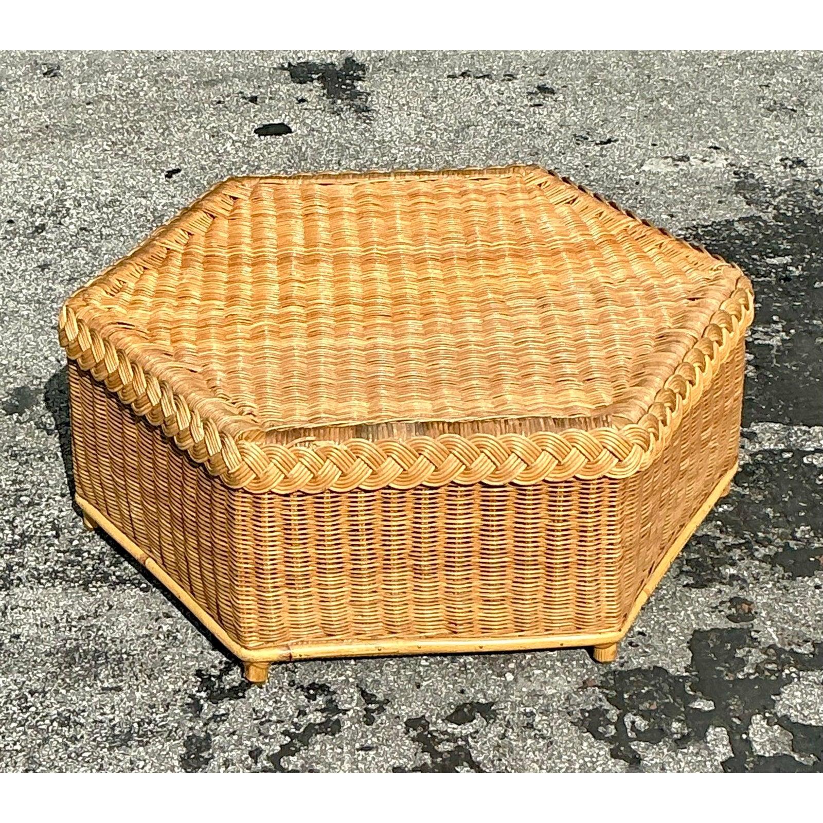 20th Century Vintage Coastal Brown Jordan Braided Rattan Coffee Table For Sale