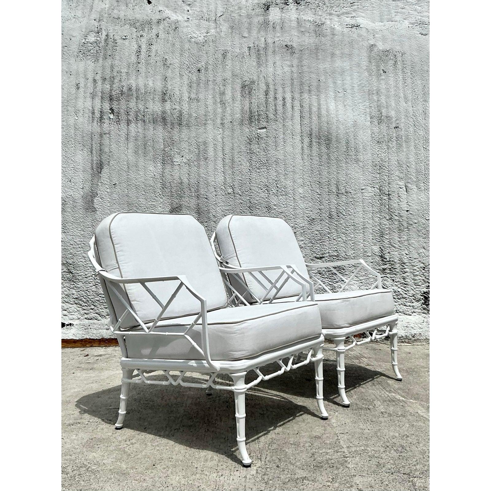 Embrace effortless coastal style with this pair of Vintage Brown Jordan “Calcutta” Aluminum Lounge Chairs. Renowned for their quality and enduring designs, Brown Jordan crafted these chairs with a distinctive openwork pattern reminiscent of woven