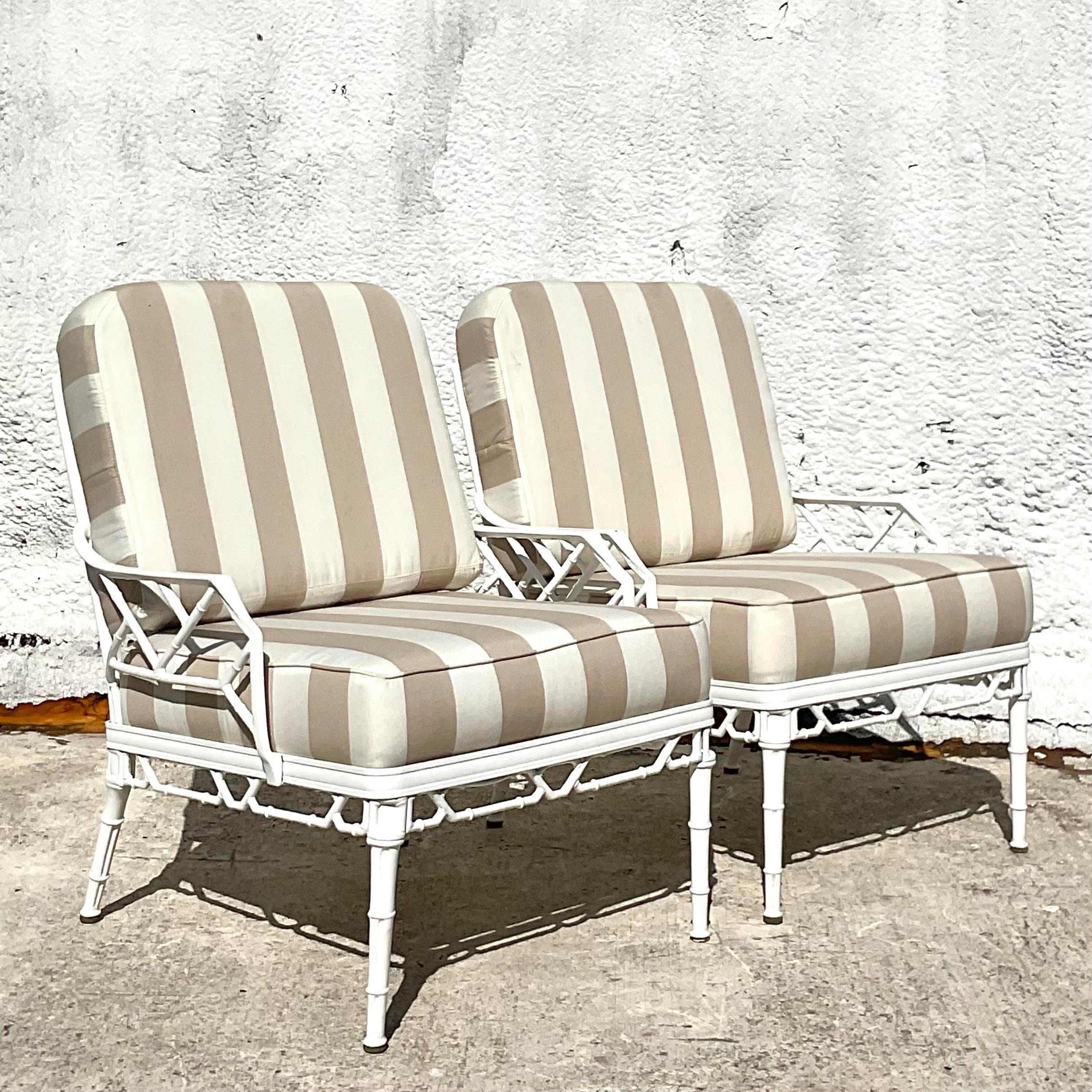 Enhance your outdoor living space with this pair of Vintage Coastal Brown Jordan “Calcutta” Lounge Chairs. These American-style chairs blend timeless coastal elegance with the durability of Brown Jordan craftsmanship, perfect for relaxed,