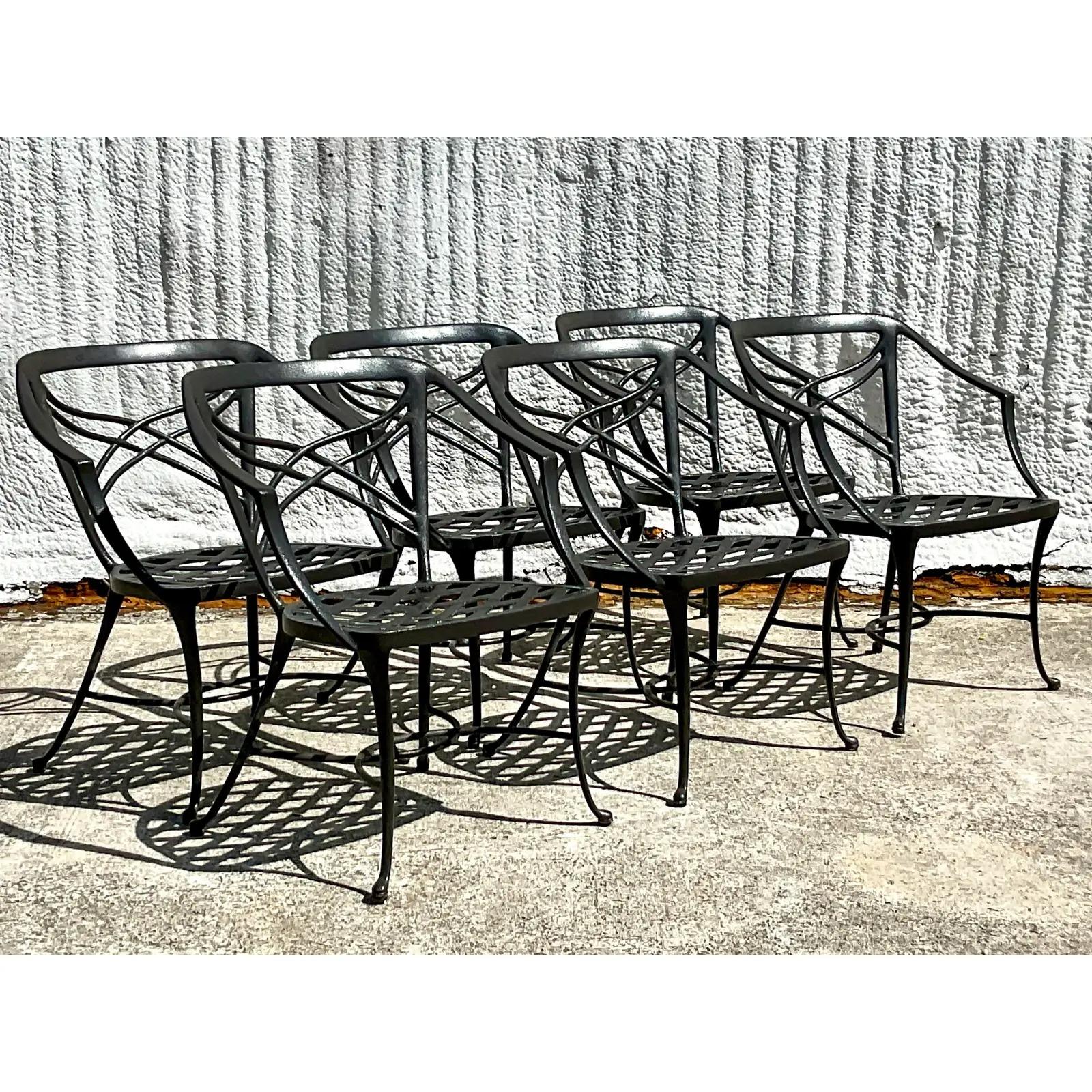 A fabulous vintage Coastal outdoor dining set. A fabulous large table and six coordinating chairs. Made by the iconic Brown Jordan. Part of their Classic ll series. Marked with their barcode on the bottom. Acquired from a Palm Beach estate.

Chair