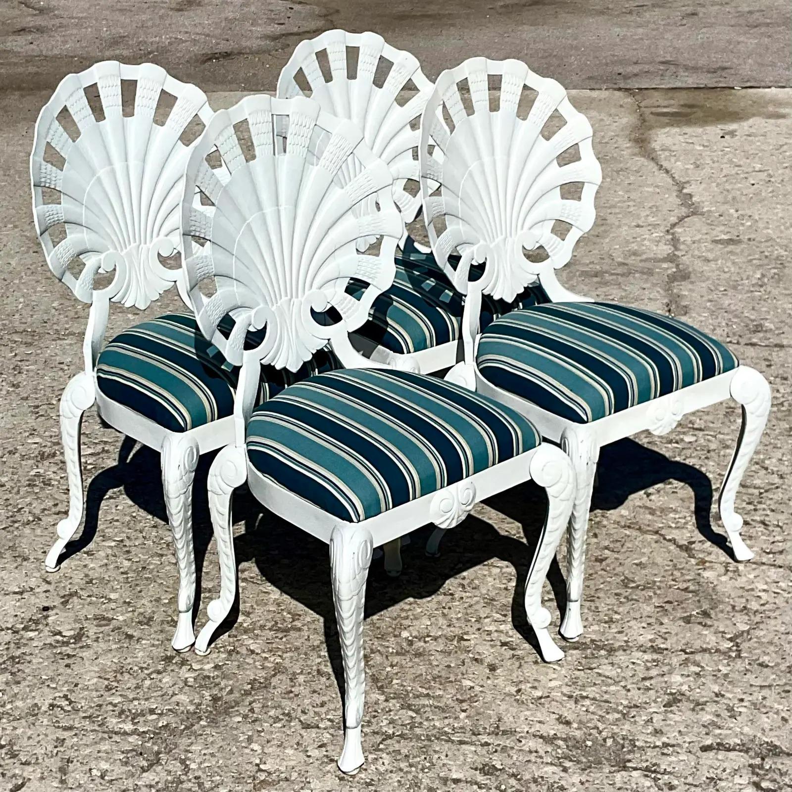Vintage Coastal Brown Jordan Cast Aluminum Grotto Chairs, Set of 4 In Good Condition In west palm beach, FL