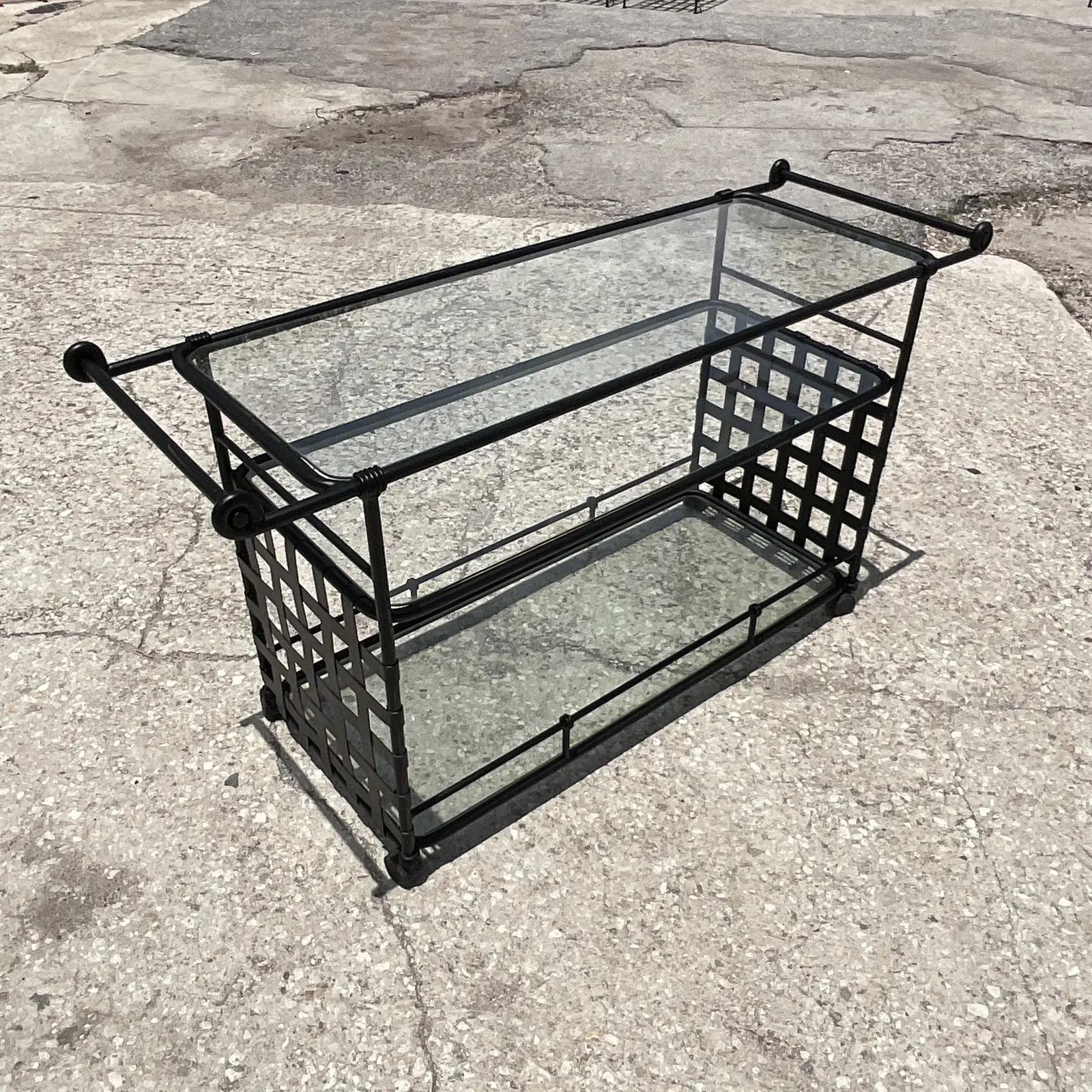 Vintage Coastal Brown Jordan Florentine Wrought Iron Bar Cart In Good Condition In West Palm Beach, FL