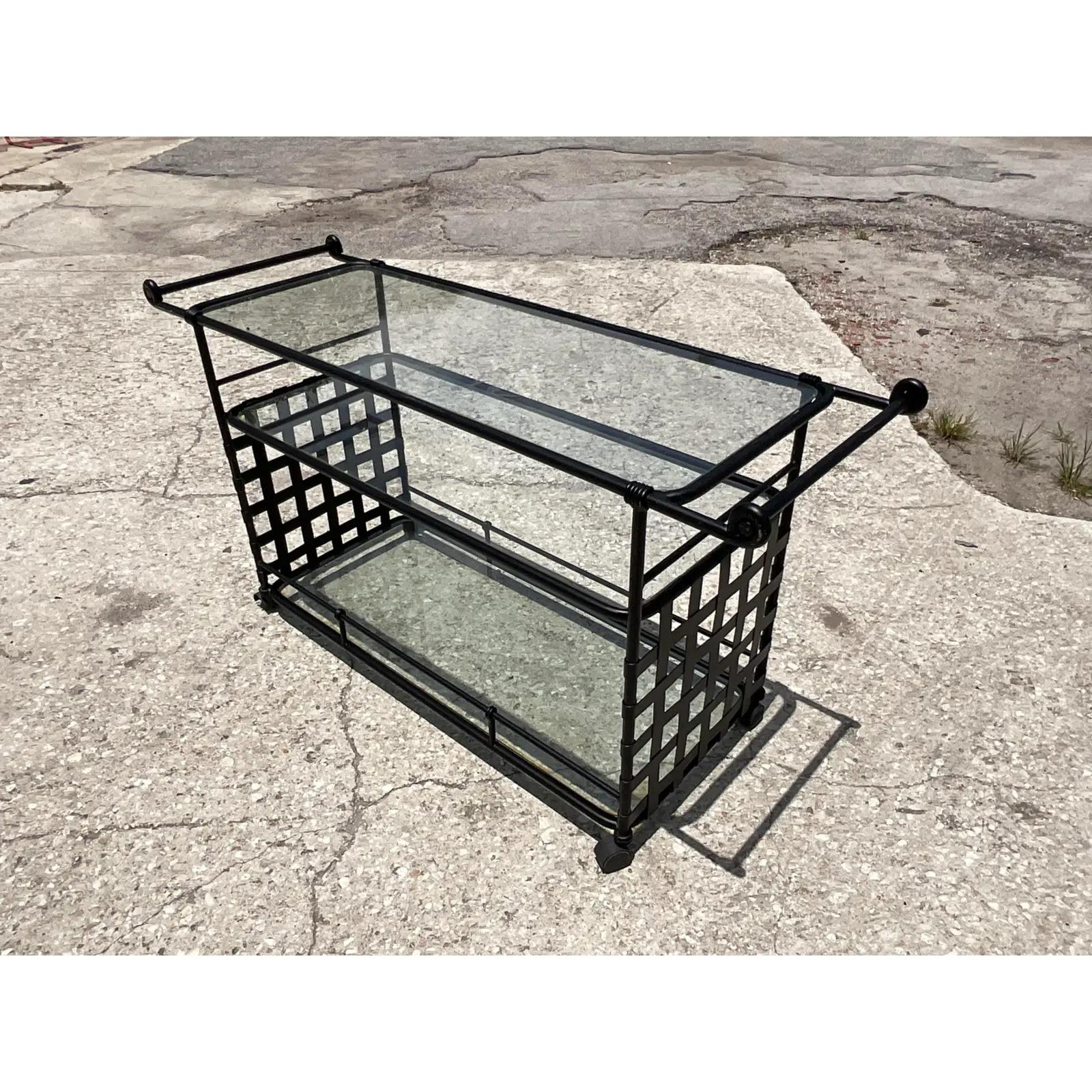 Glass Vintage Coastal Brown Jordan Florentine Wrought Iron Bar Cart