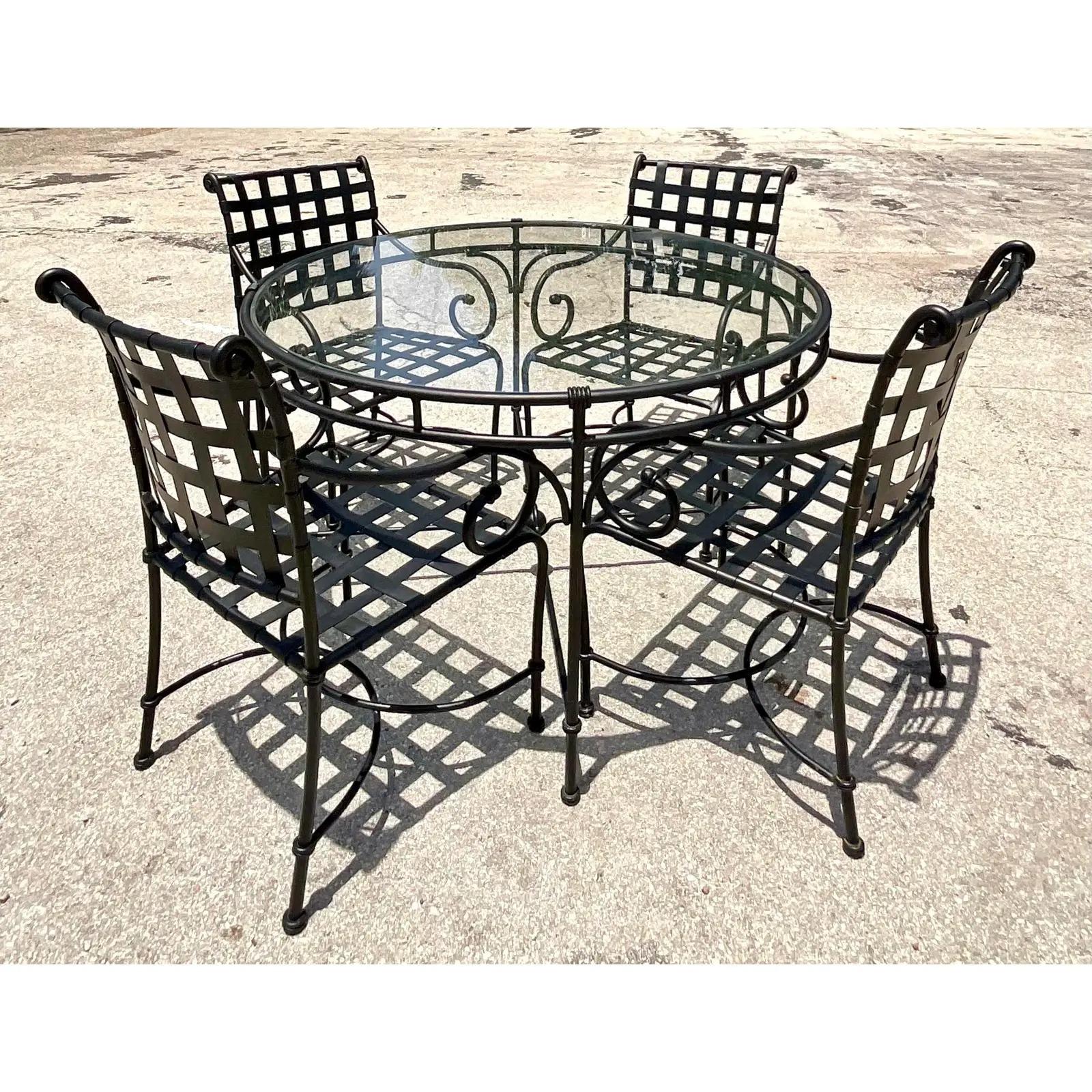 Vintage Coastal Brown Jordan Florentine Wrought Iron Outdoor Dining Set In Good Condition In west palm beach, FL