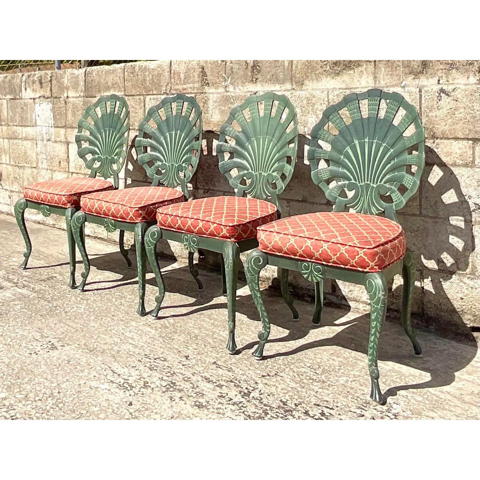 A fantastic set of vintage Coastal cast aluminum outdoor chairs. Made by the iconic Brown Jordan. Tagged, but the tag is painted over. Painted a custom deep jade green. Easily changed. Perfect for those homes located on or near the water. Acquired