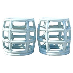 Vintage Coastal Brown Jordan Pale Blue Lacquered Rattan Low Stools- a Pair