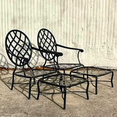 Vintage Coastal Brown Jordan Wrought Iron “Grenada” Lounge Chairs and Ottomans