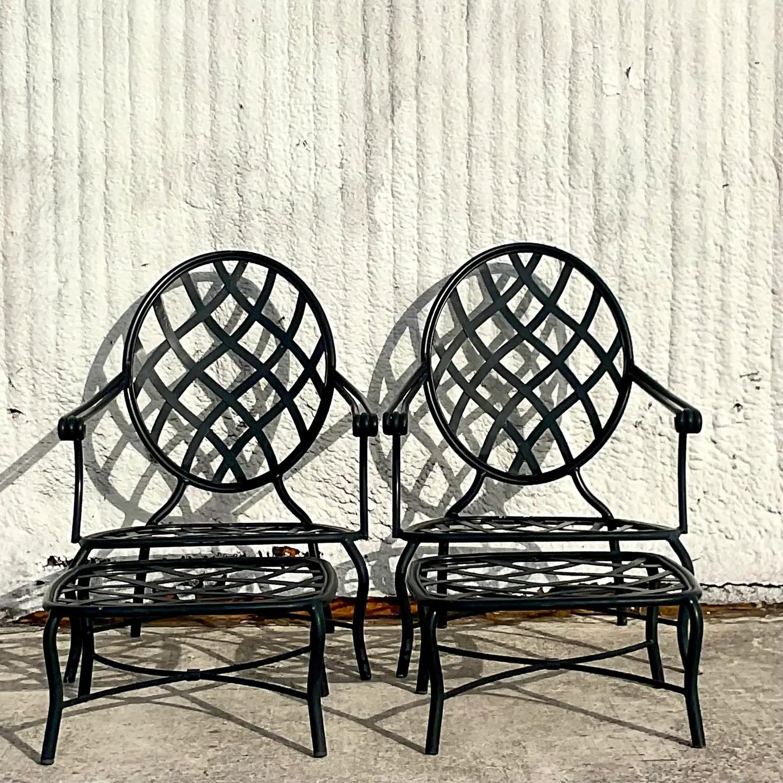 North American Vintage Coastal Brown Jordan Wrought Iron “Grenada” Lounge Chairs and Ottomans