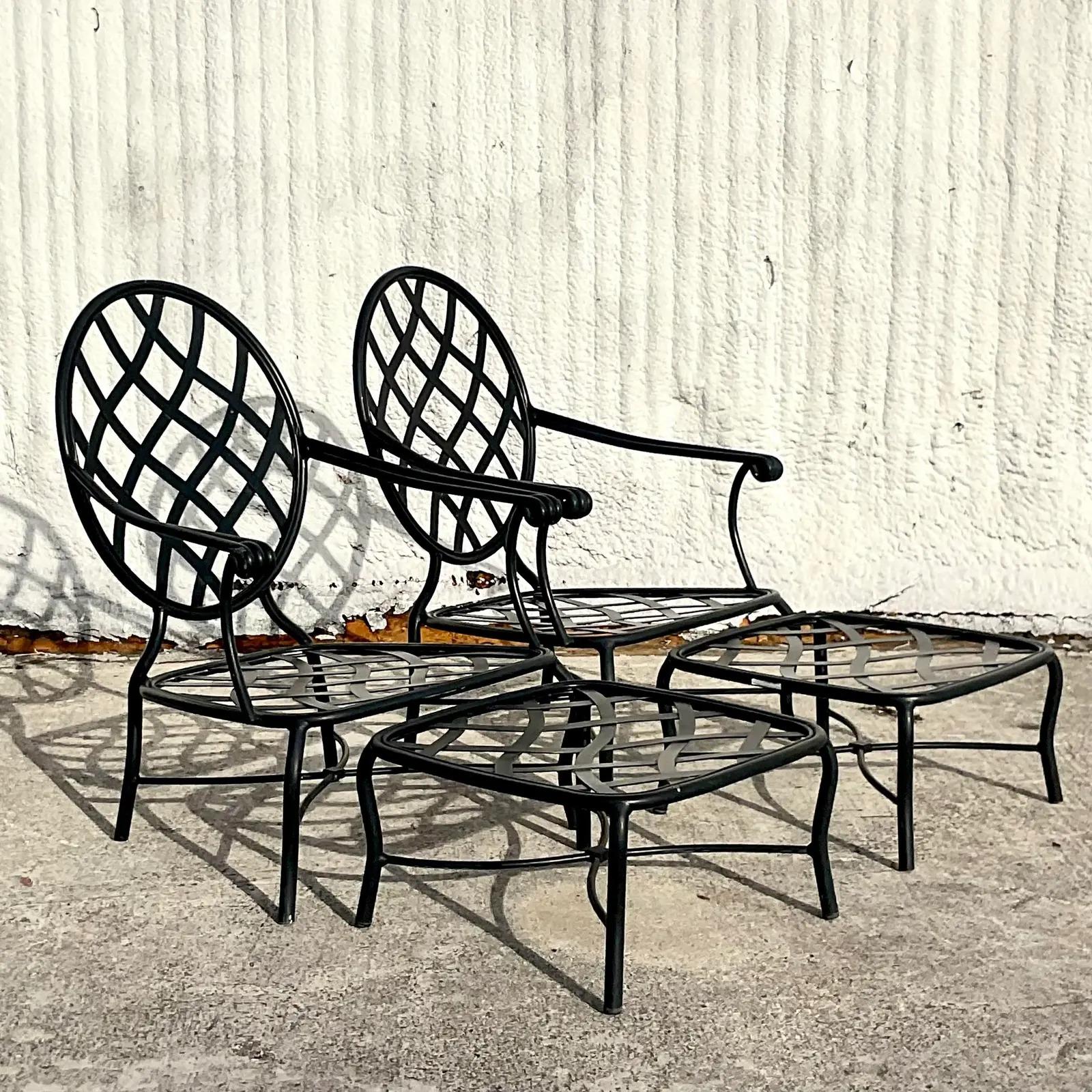Vintage Coastal Brown Jordan Wrought Iron “Grenada” Lounge Chairs and Ottomans In Good Condition In west palm beach, FL
