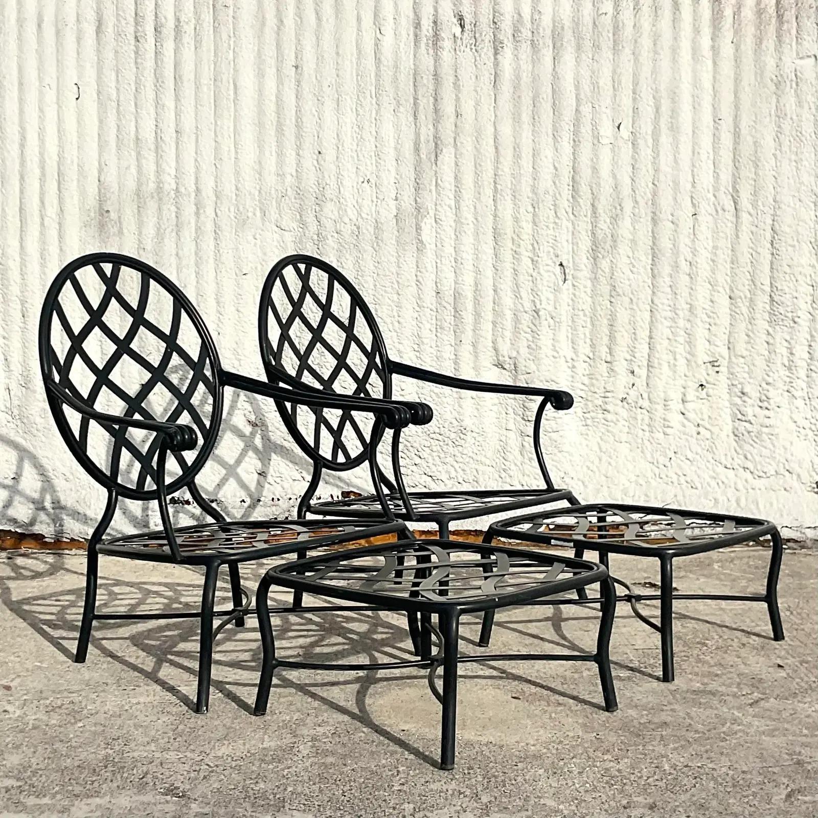 Vintage Coastal Brown Jordan Wrought Iron “Grenada” Lounge Chairs and Ottomans 1